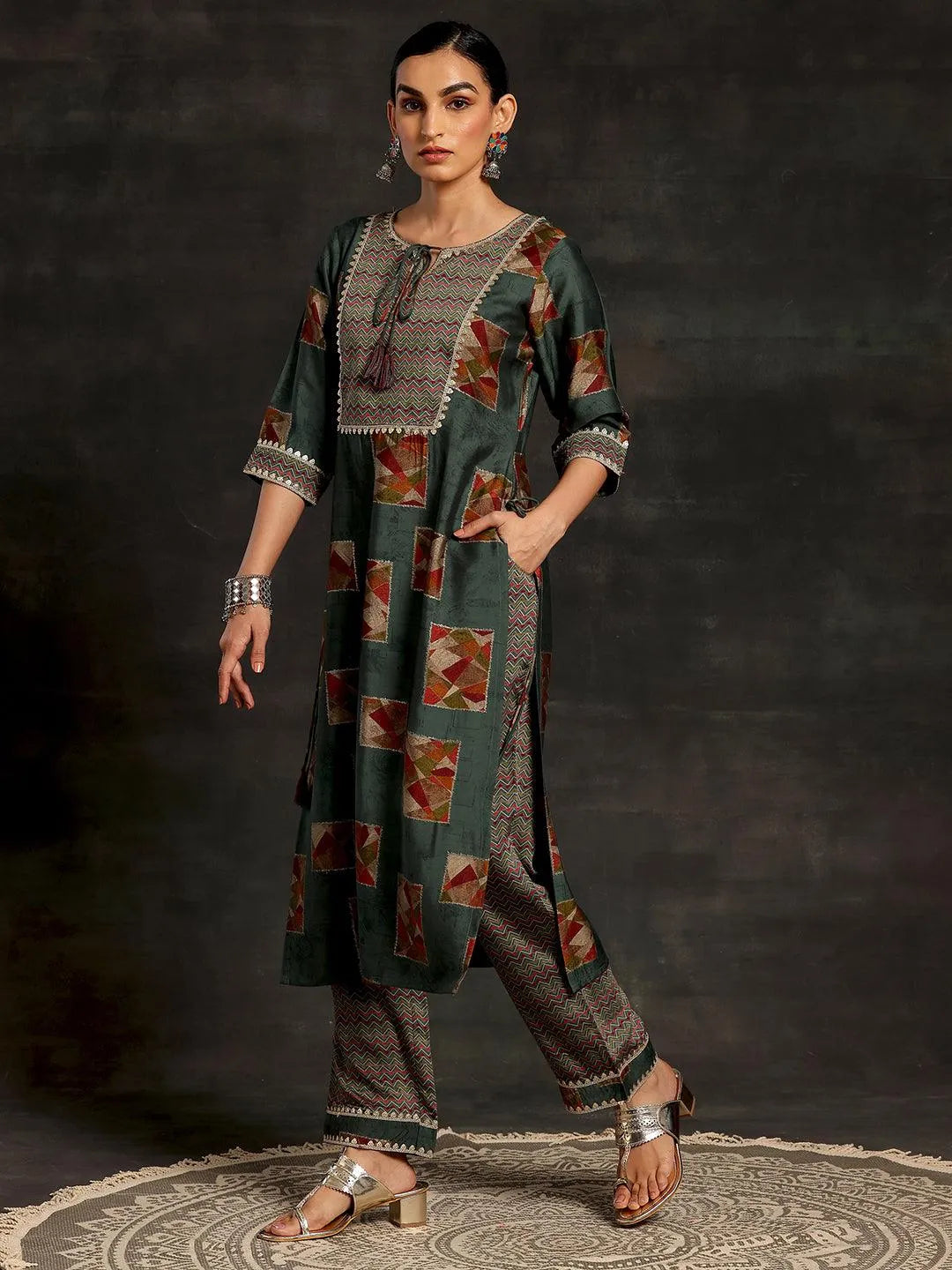 Anouk Green Printed Silk Blend Straight Suit With Dupatta