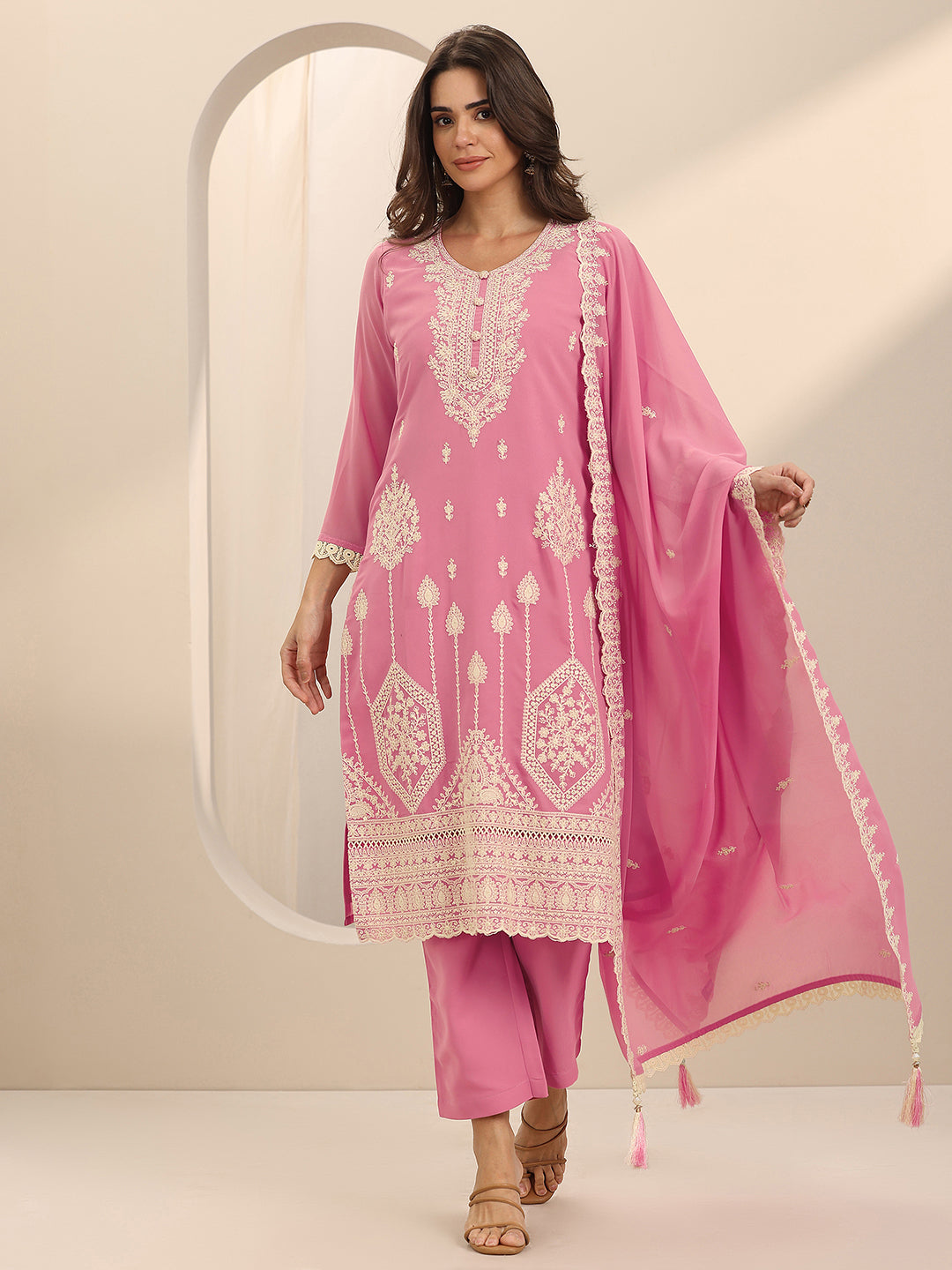 Anouk Pink Embroidered Georgette Straight Suit Set With Dupatta