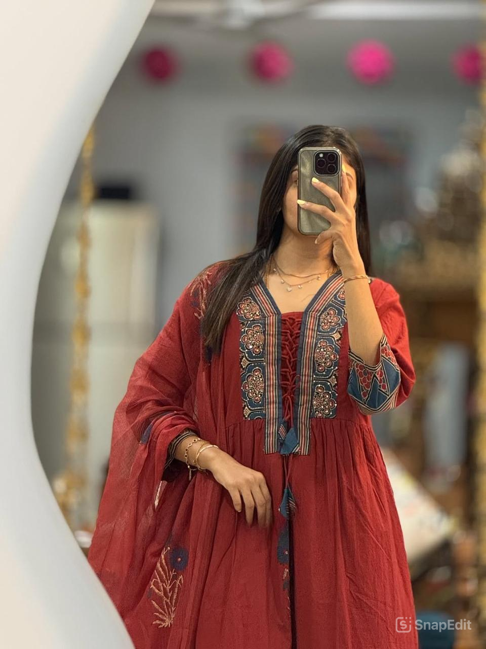Cotton Anarkali Suit Set with Tappa Print & Kota Doria Dupatta