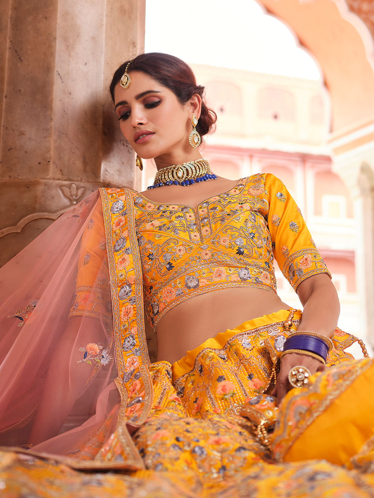 Mustard Swarovski Embroidered Crepe Semi Stitched Lehenga With Unstitched Blouse