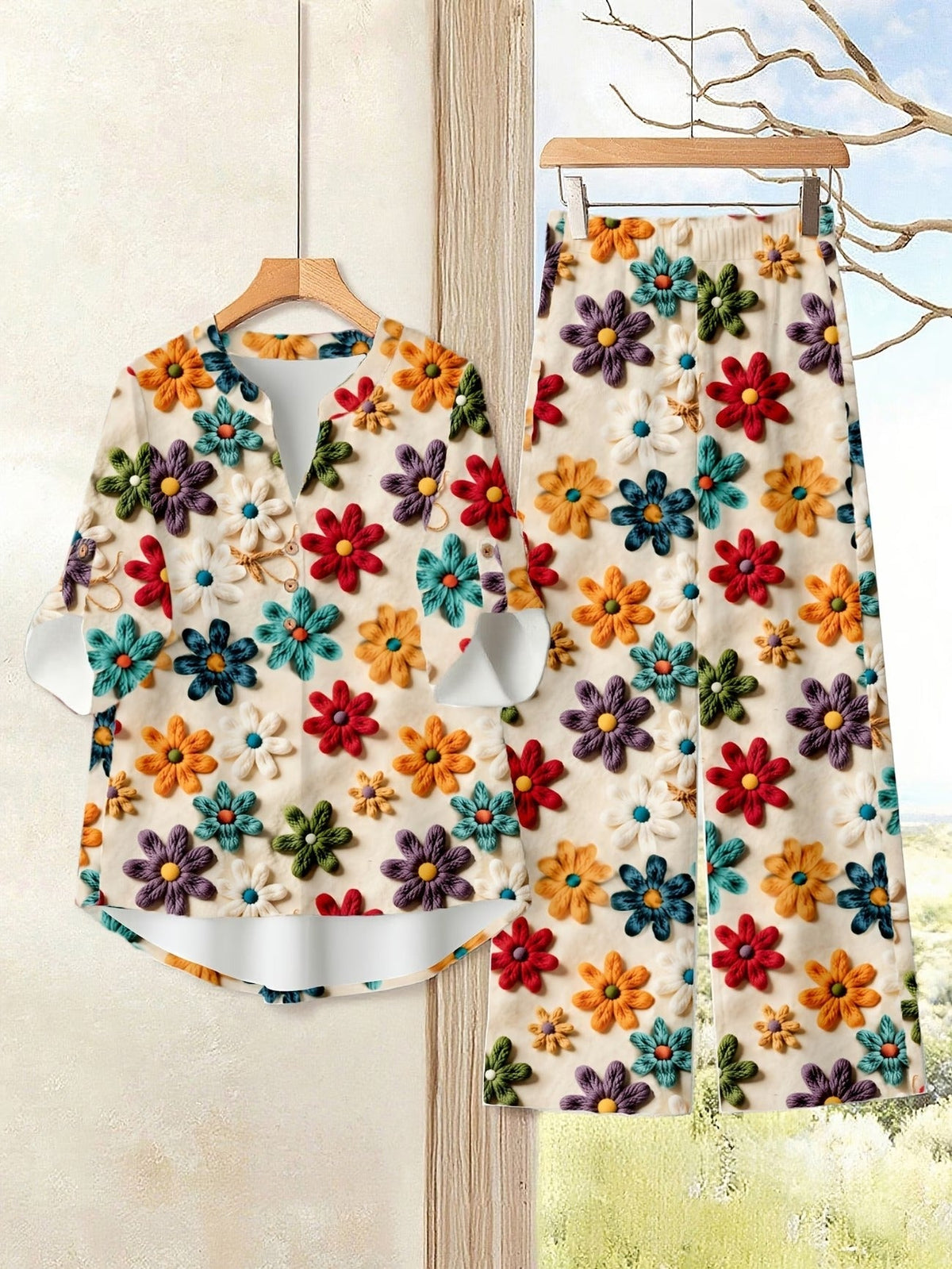 Women’s Floral Long-Sleeve Shirt with Printed Pants – Stylish Two-Piece Everyday Outfit (With Tie & Button Details)