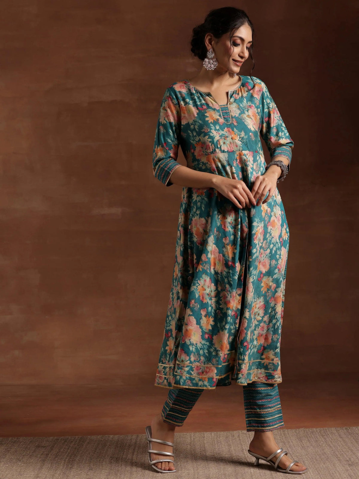 Anouk Blue Printed Silk Blend Anarkali Suit With Dupatta