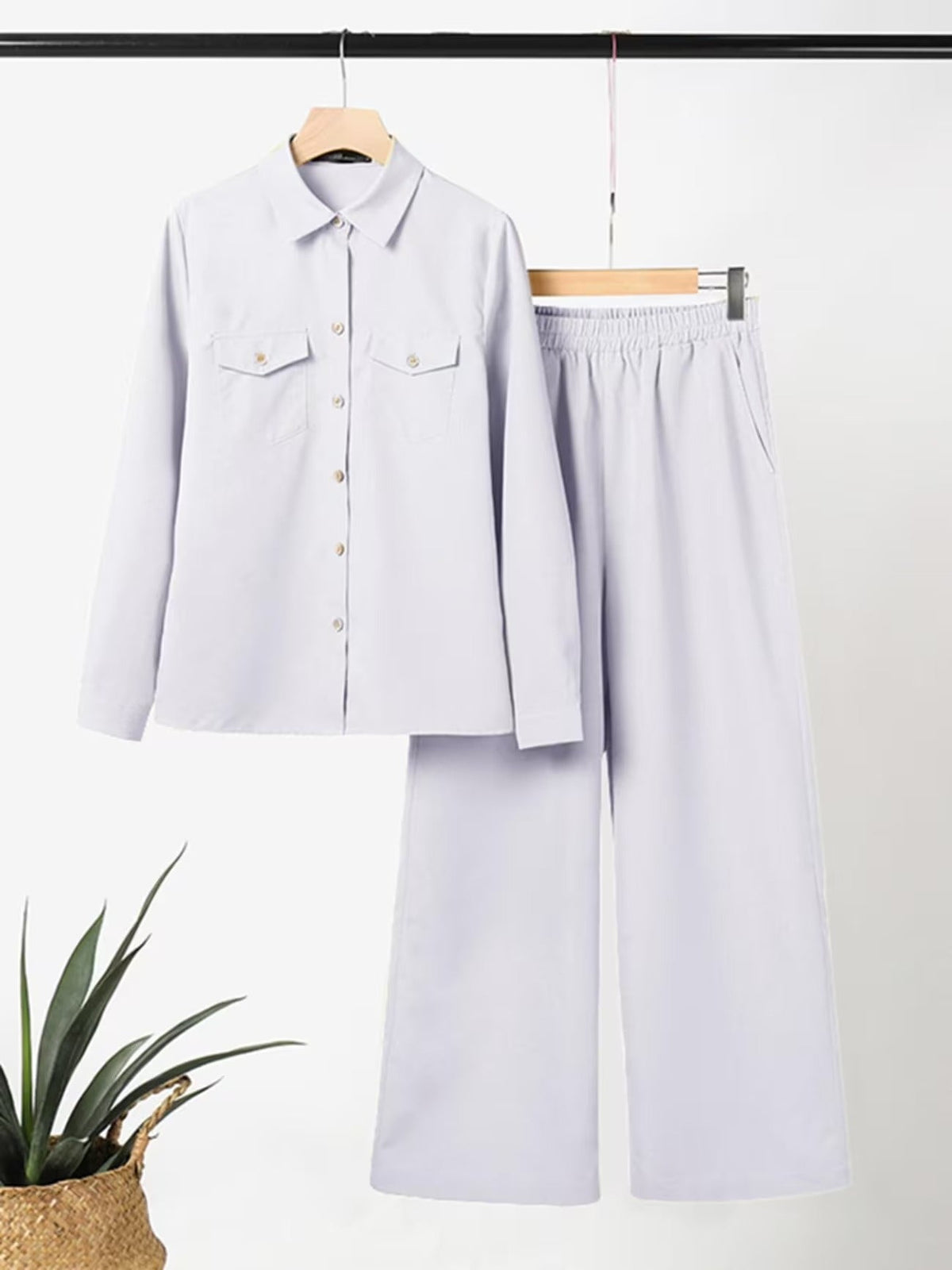 Women’s Casual Two-Piece Co-Ord Set – Solid Button Shirt with Pocket Straight-Leg Trousers for Spring & Fall