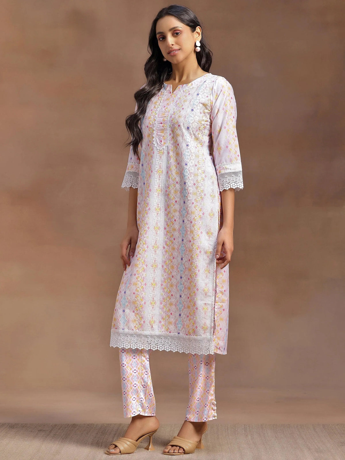 Anouk Peach Embroidered Cotton Blend Straight Suit With Dupatta
