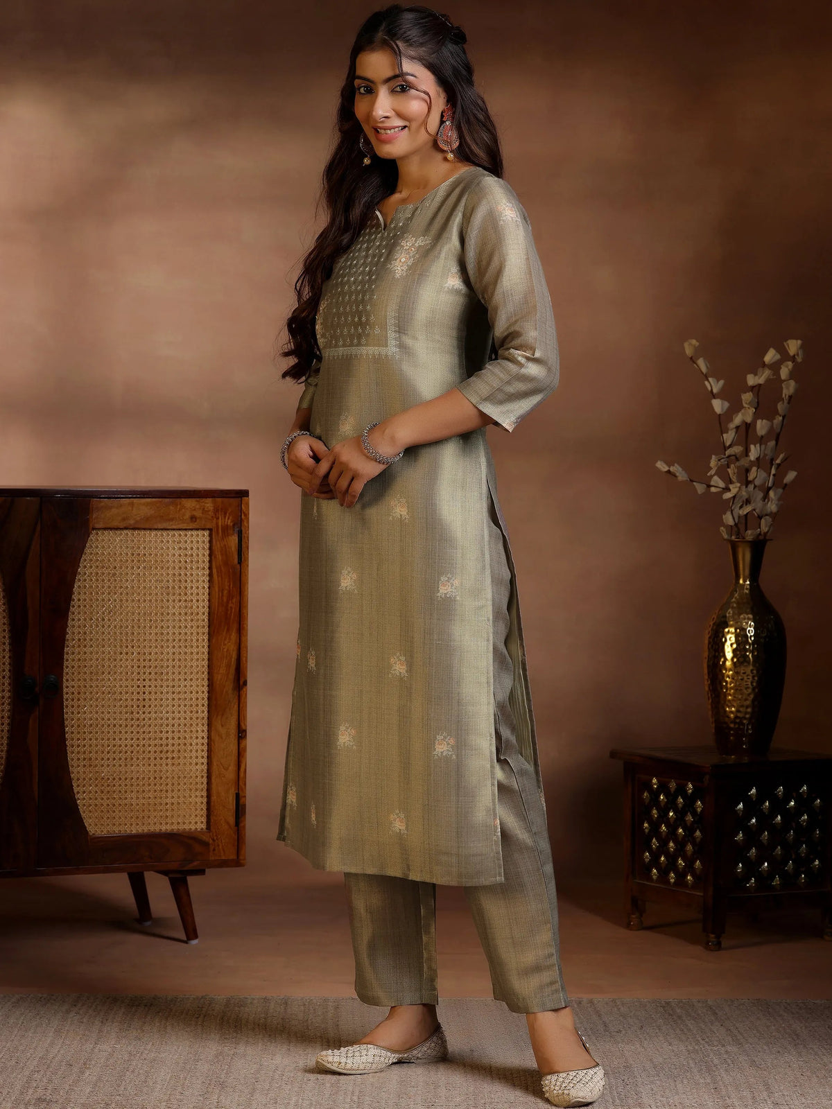 Anouk Brown Printed Silk Straight Suit With Dupatta