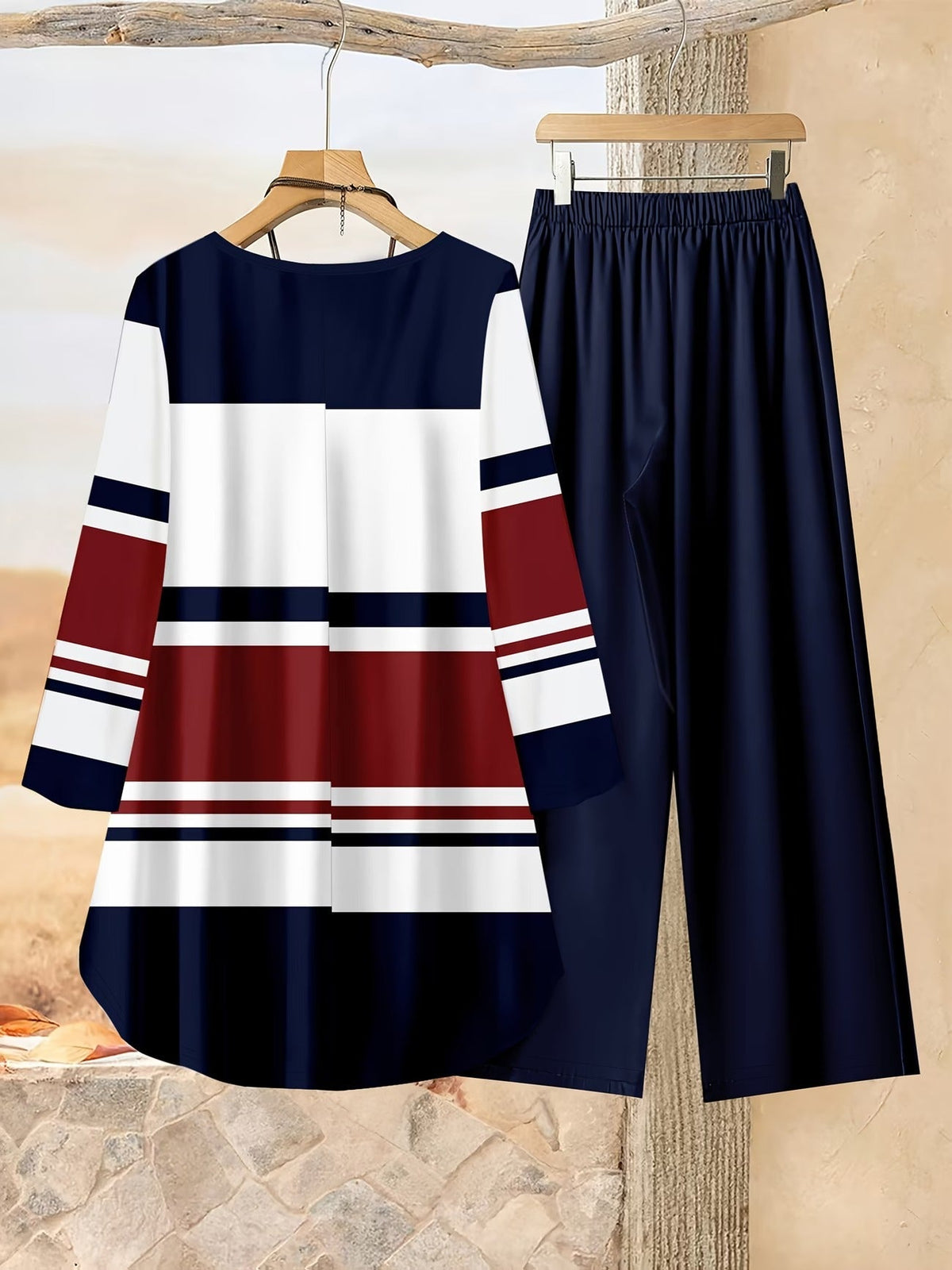 Loose Fit Irregular Print High-Low Hem Top with Solid Pants – Women’s Casual Two-Piece Outfit