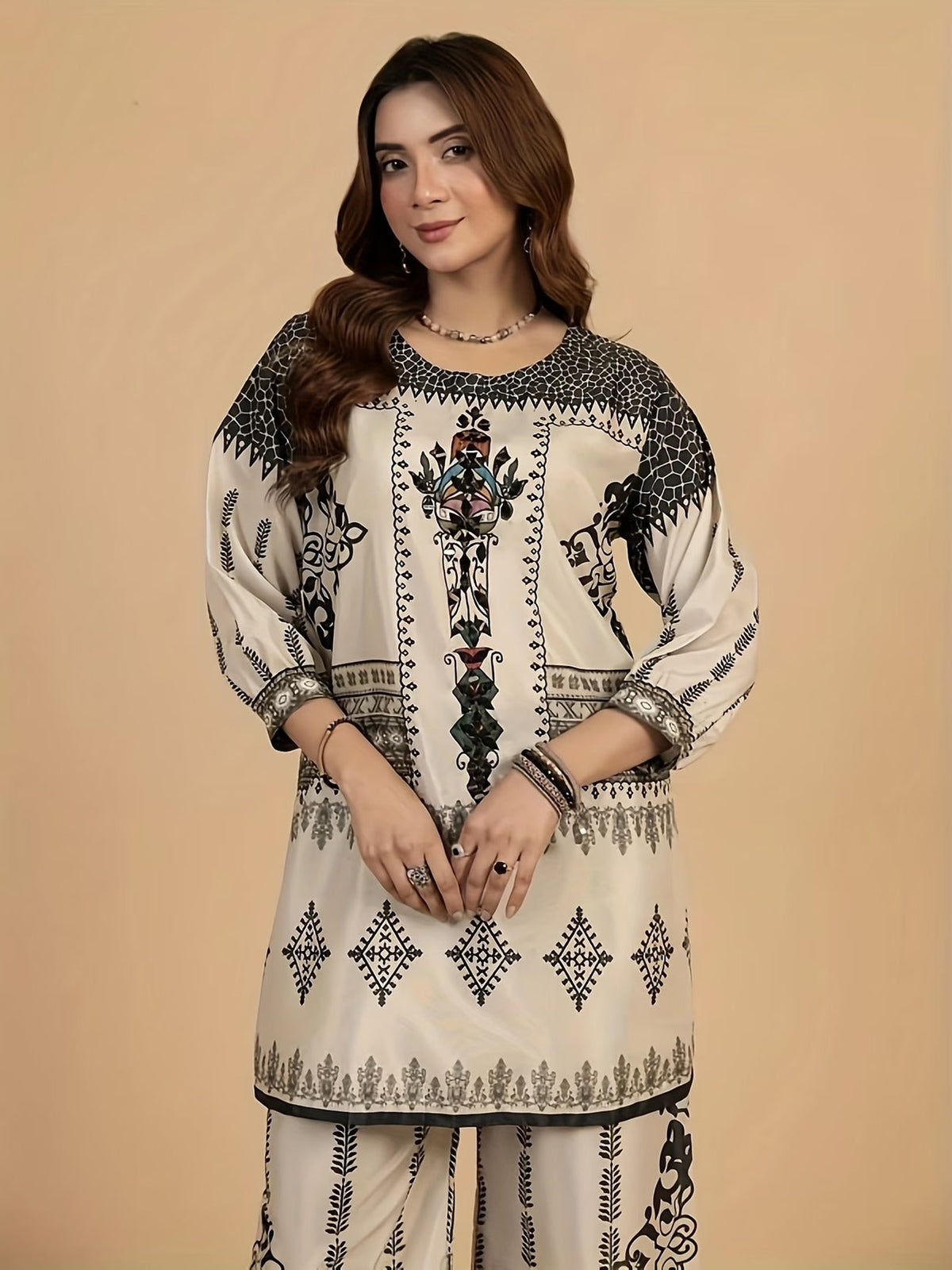 Women’s Traditional Totem Print Two-Piece Set – Grey Base Long-Sleeve Loose Top with Wide-Leg Pants (Elegant Middle Eastern & South Asian Style