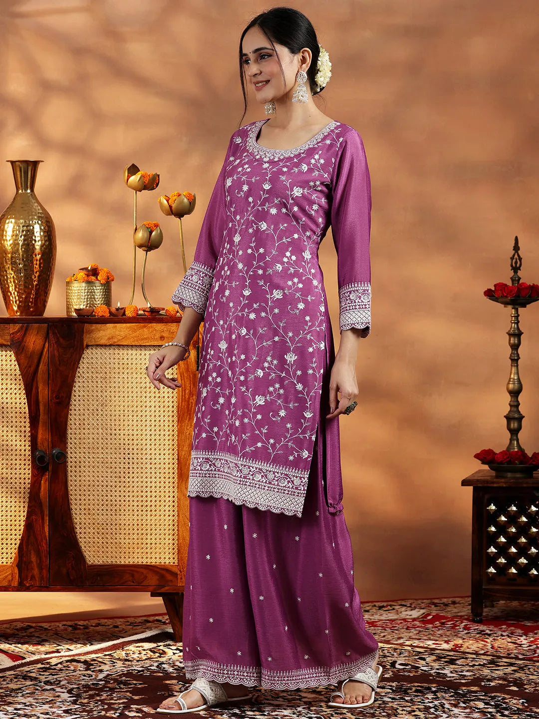 Anouk Mauve Embroidered Silk Blend Straight Suit With Dupatta