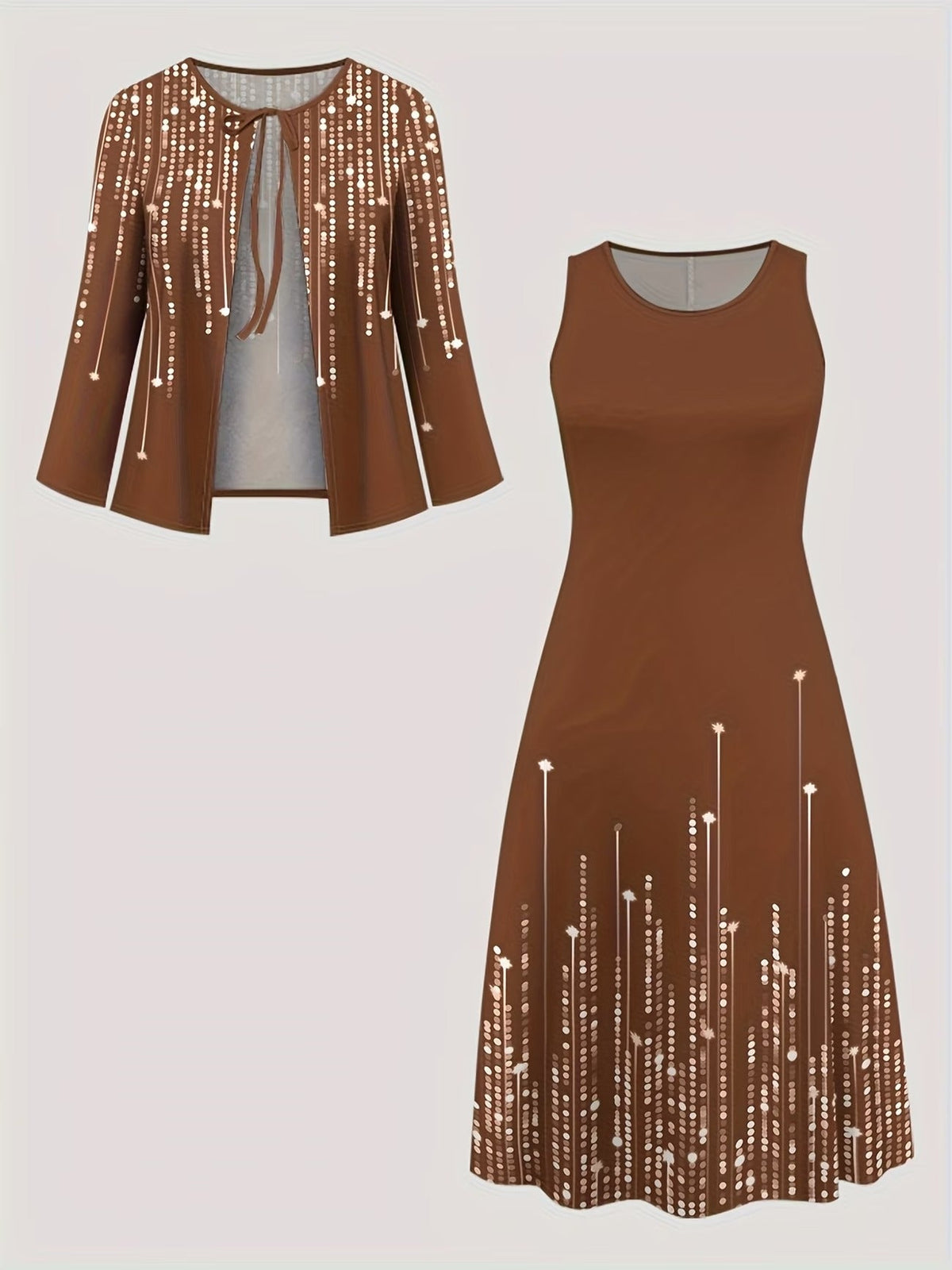 Elegant Layered Two-Piece Midi Dress Set with Tie-Front Cardigan – Flowy Printed Everyday & Occasion Wear