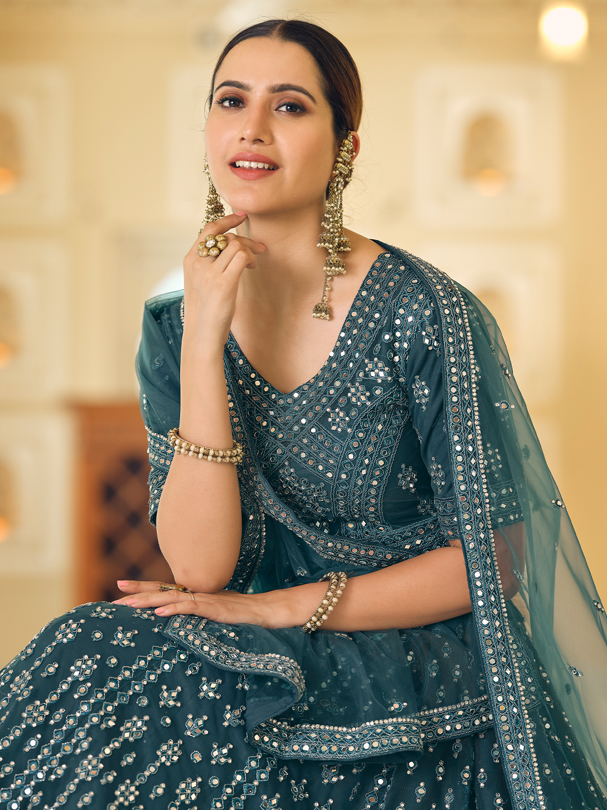 Teal Embroidered Soft Net Semi Stitched Lehenga With Unstitched Blouse