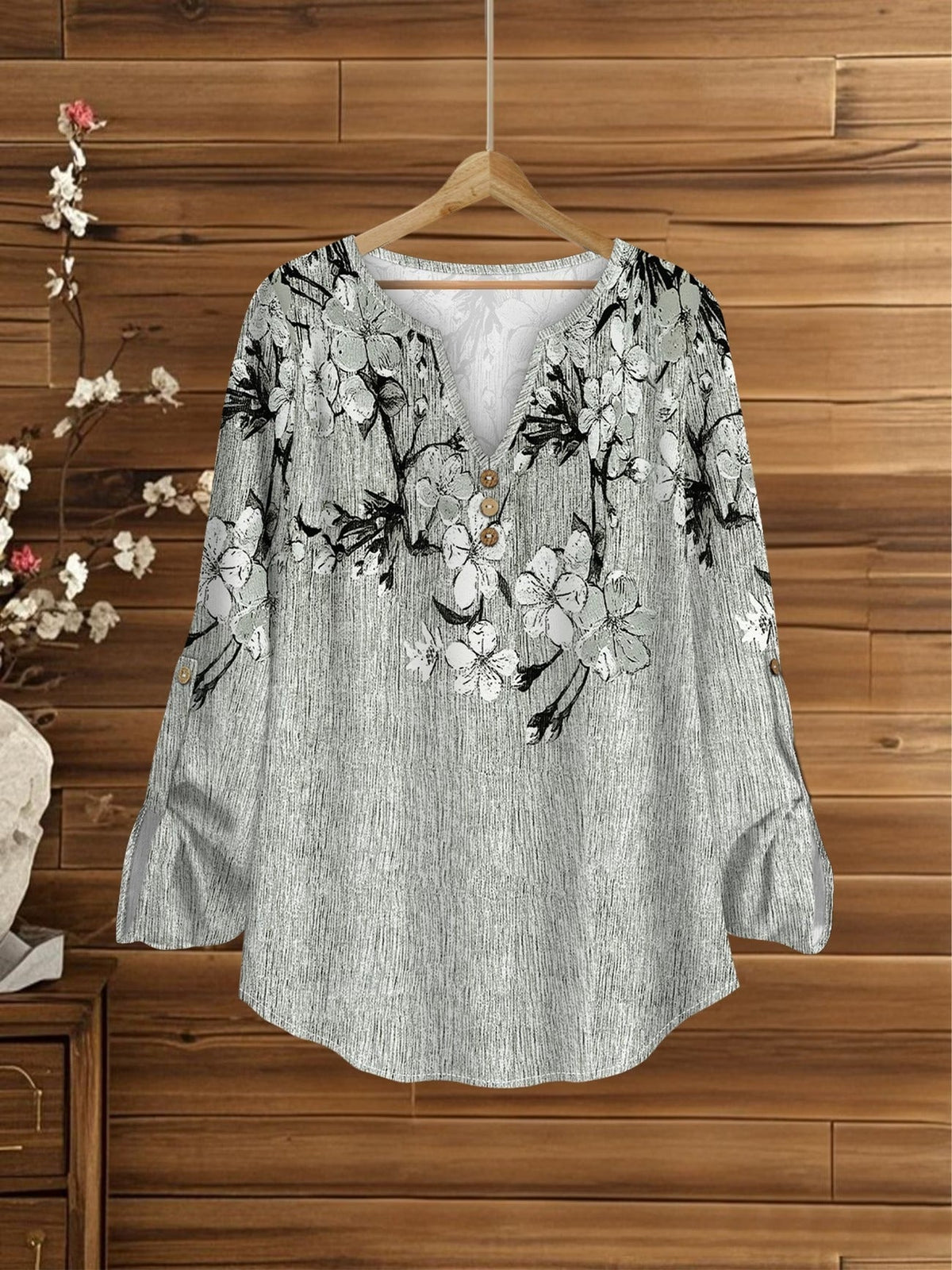 Women’s Floral Long-Sleeve Shirt with Printed Pants – Stylish Two-Piece Everyday Outfit (With Tie & Button Details)