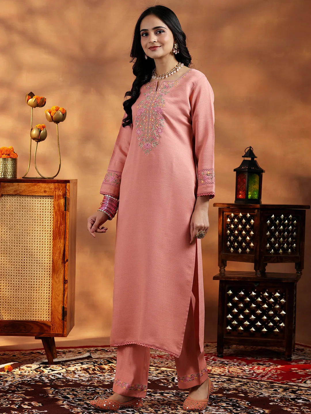 Anouk Peach Yoke Design Silk Blend Straight Suit With Dupatta
