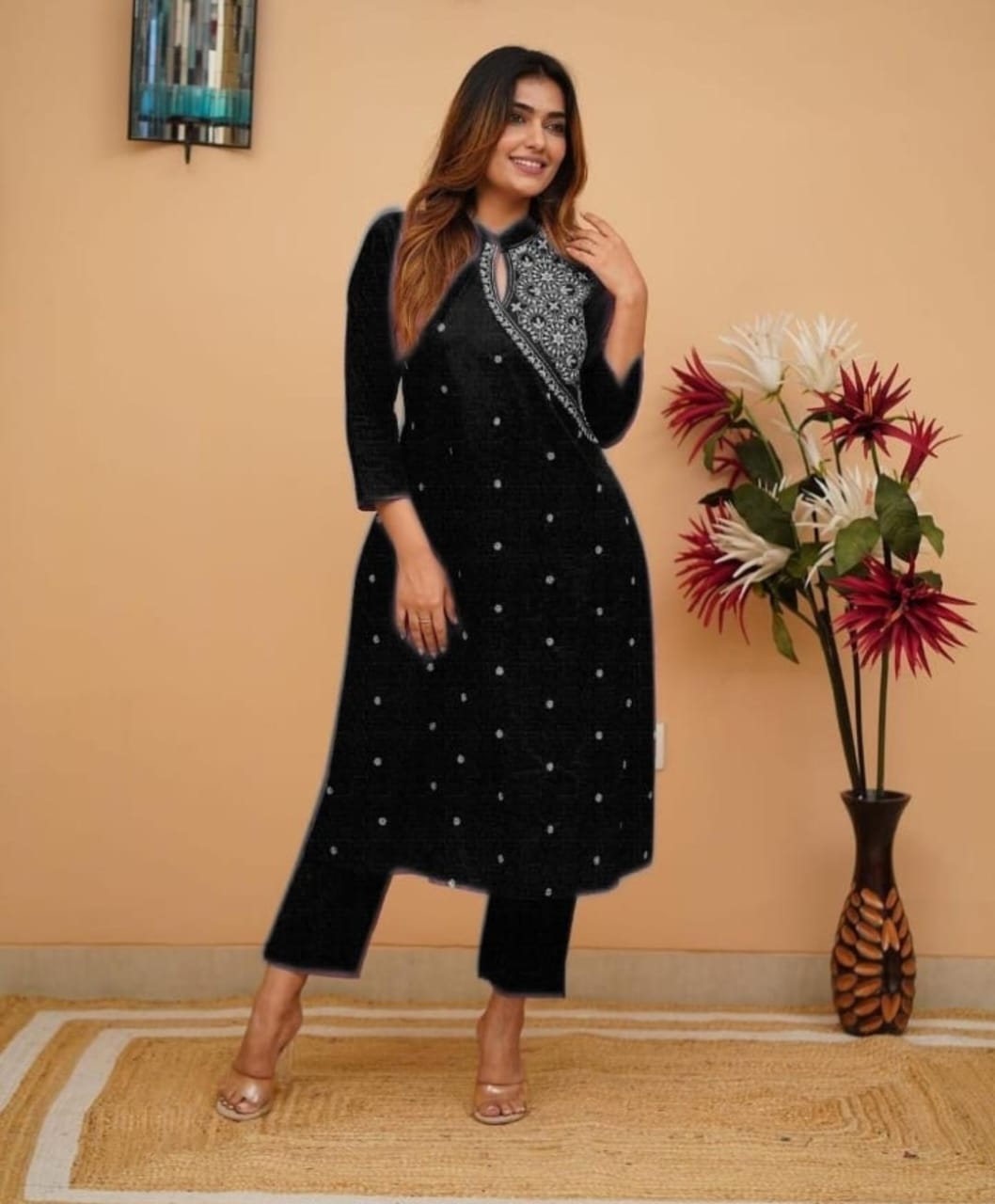 Black Cotton Kurta Pant Set with Thread Embroidery