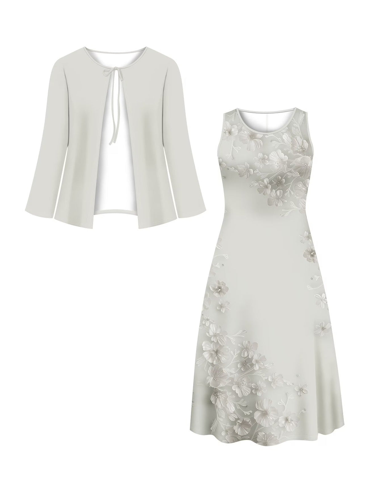 Elegant Layered Two-Piece Midi Dress Set with Tie-Front Cardigan – Flowy Printed Everyday & Occasion Wear