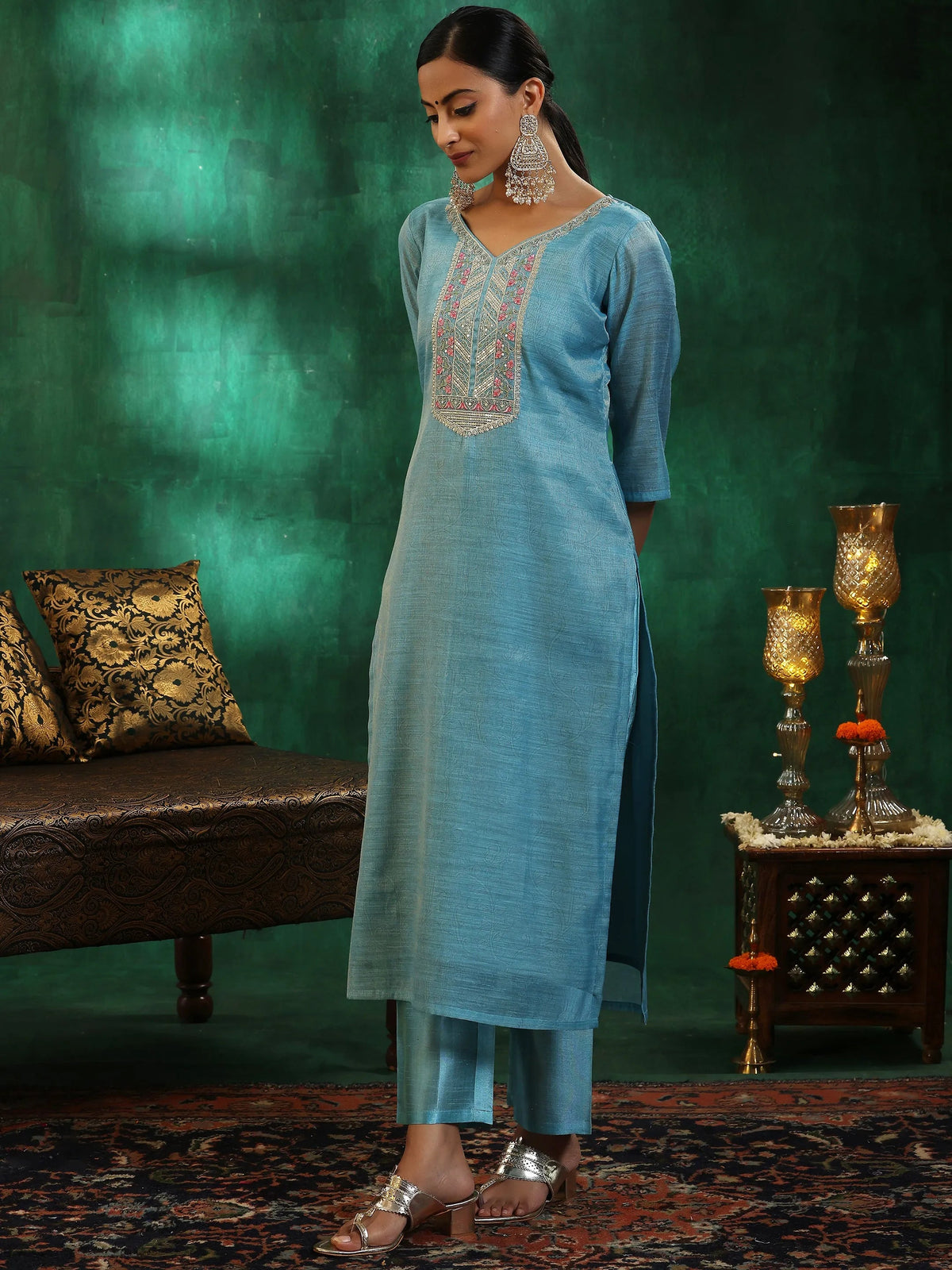 Anouk Turquoise Blue Yoke Design Silk Blend Straight Suit With Dupatta
