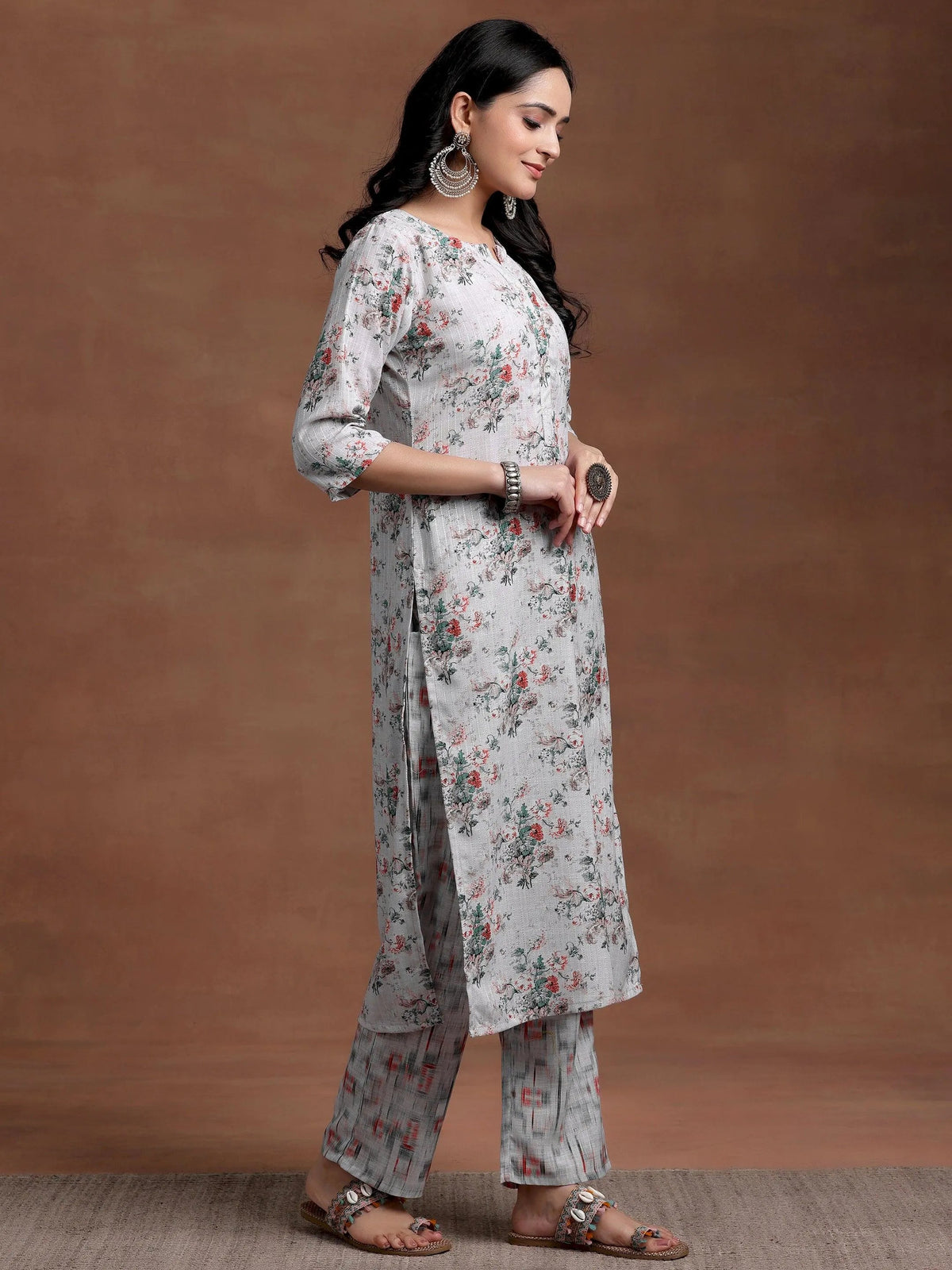 Anouk Grey Printed Cotton Straight Suit With Dupatta