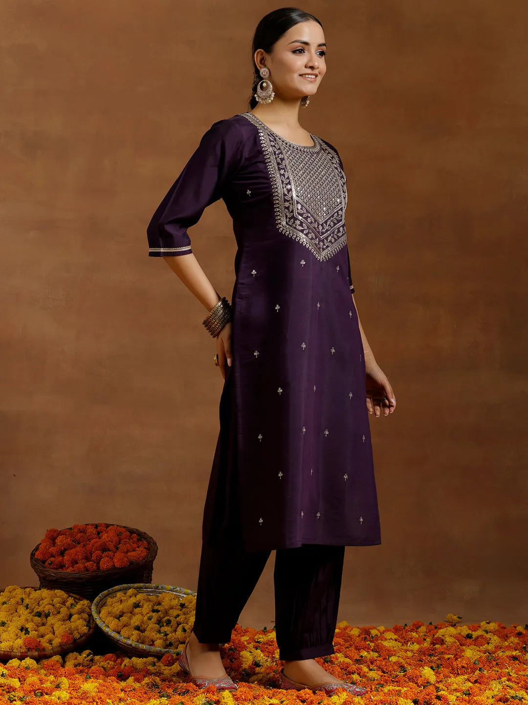 Anouk Purple Yoke Design Silk Blend Straight Suit With Dupatta