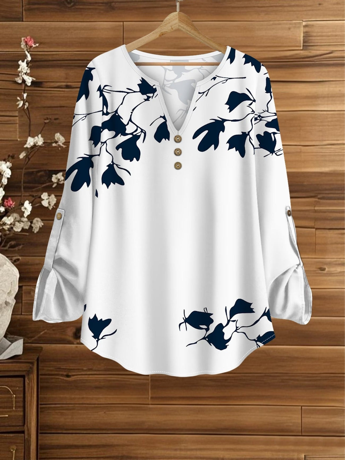 Women’s Floral Long-Sleeve Shirt with Printed Pants – Stylish Two-Piece Everyday Outfit (With Tie & Button Details)