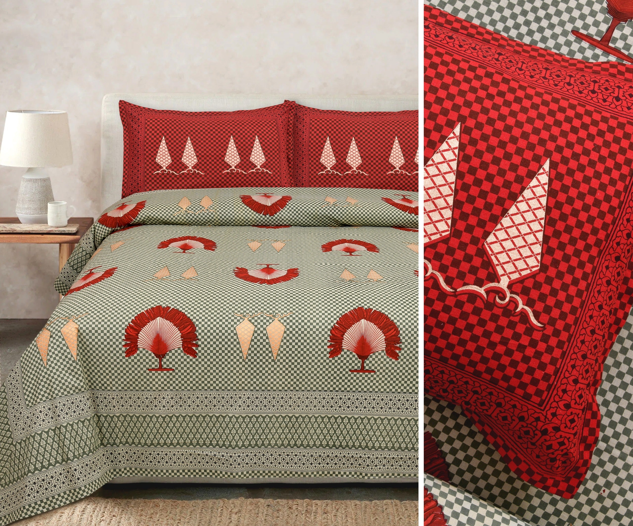 Gold Printed Cotton Bedsheet Set with Coordinating Pillow Covers