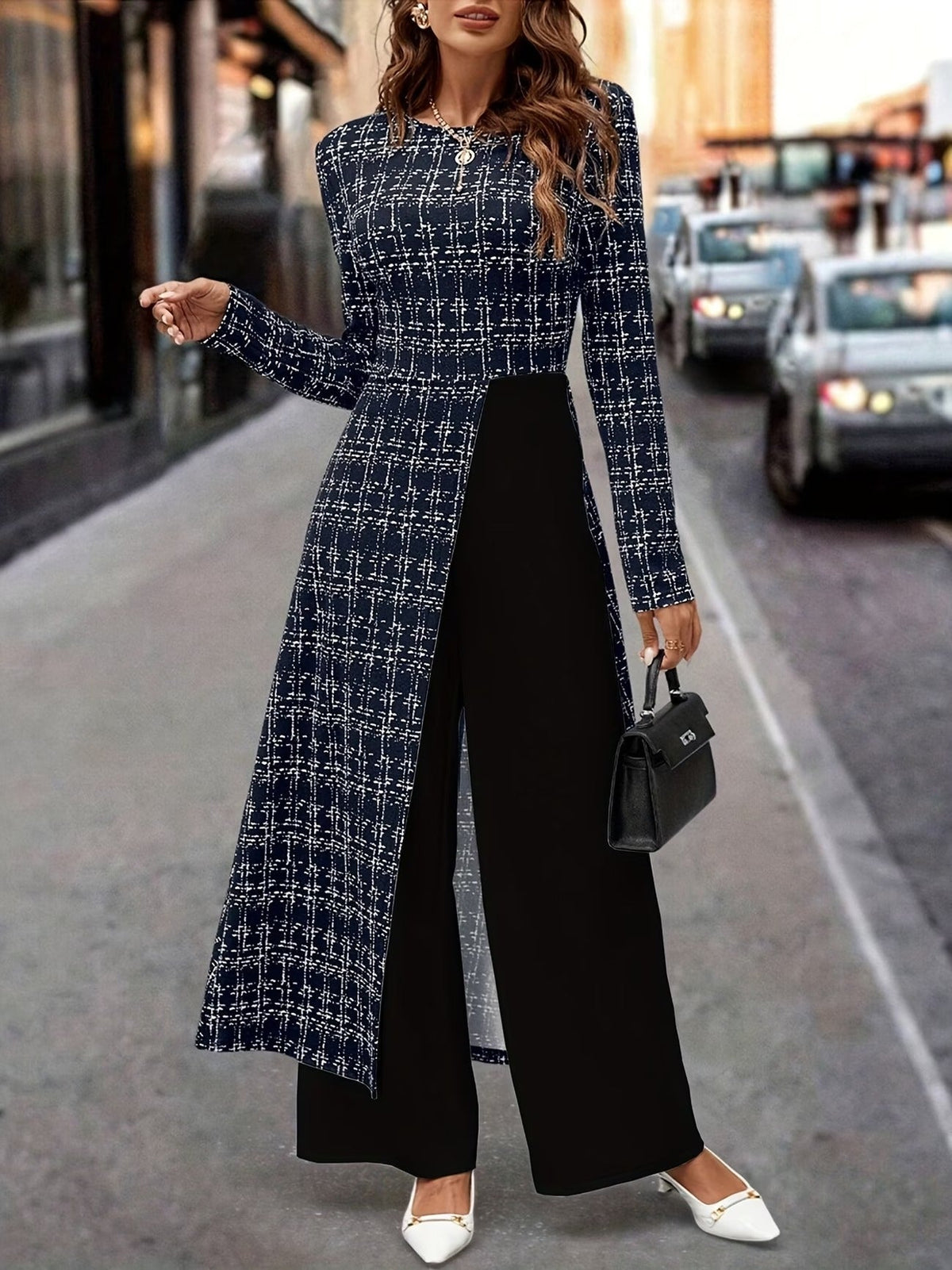 Chic Plaid Commuter Jumpsuit – Asymmetrical Design with Relaxed Straight-Leg Fit
