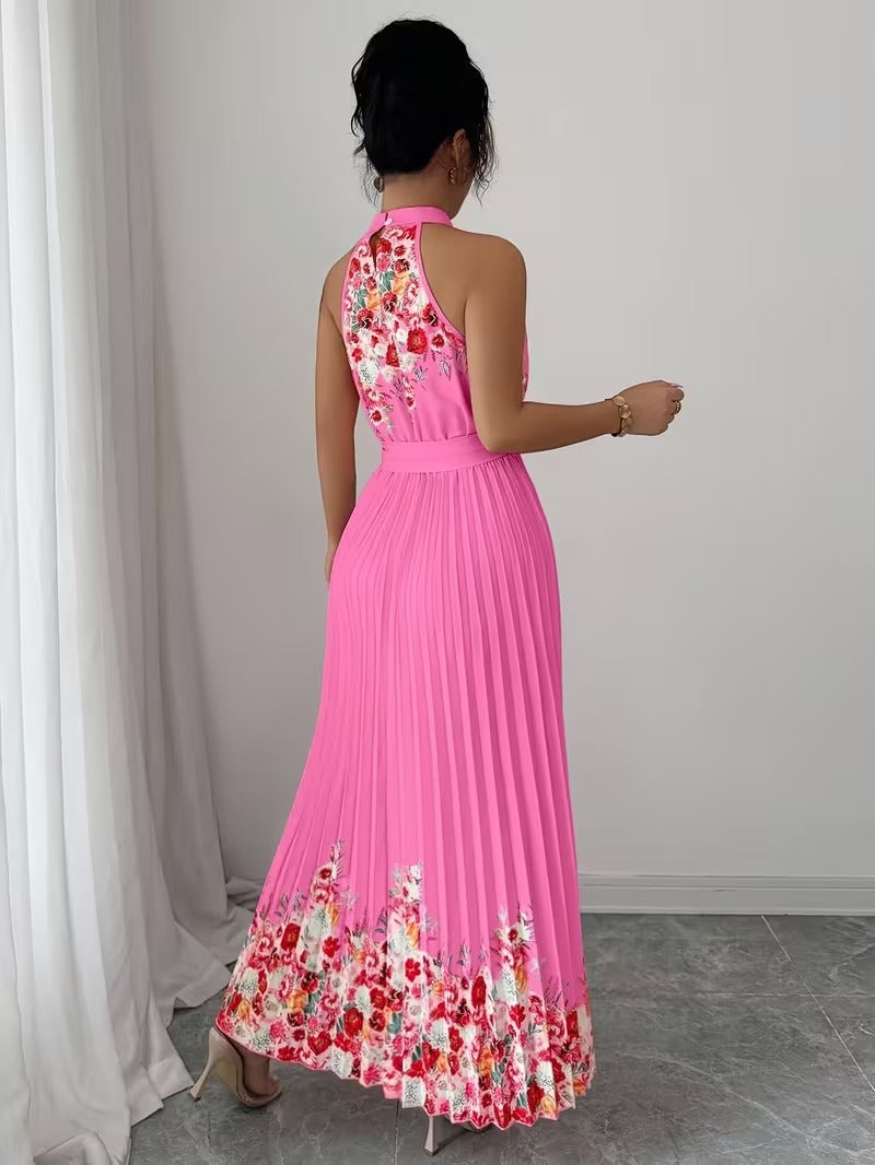 Elegant Floral Halter Neck Pleated Dress – Stylish & Comfortable Summer Outfit for Women