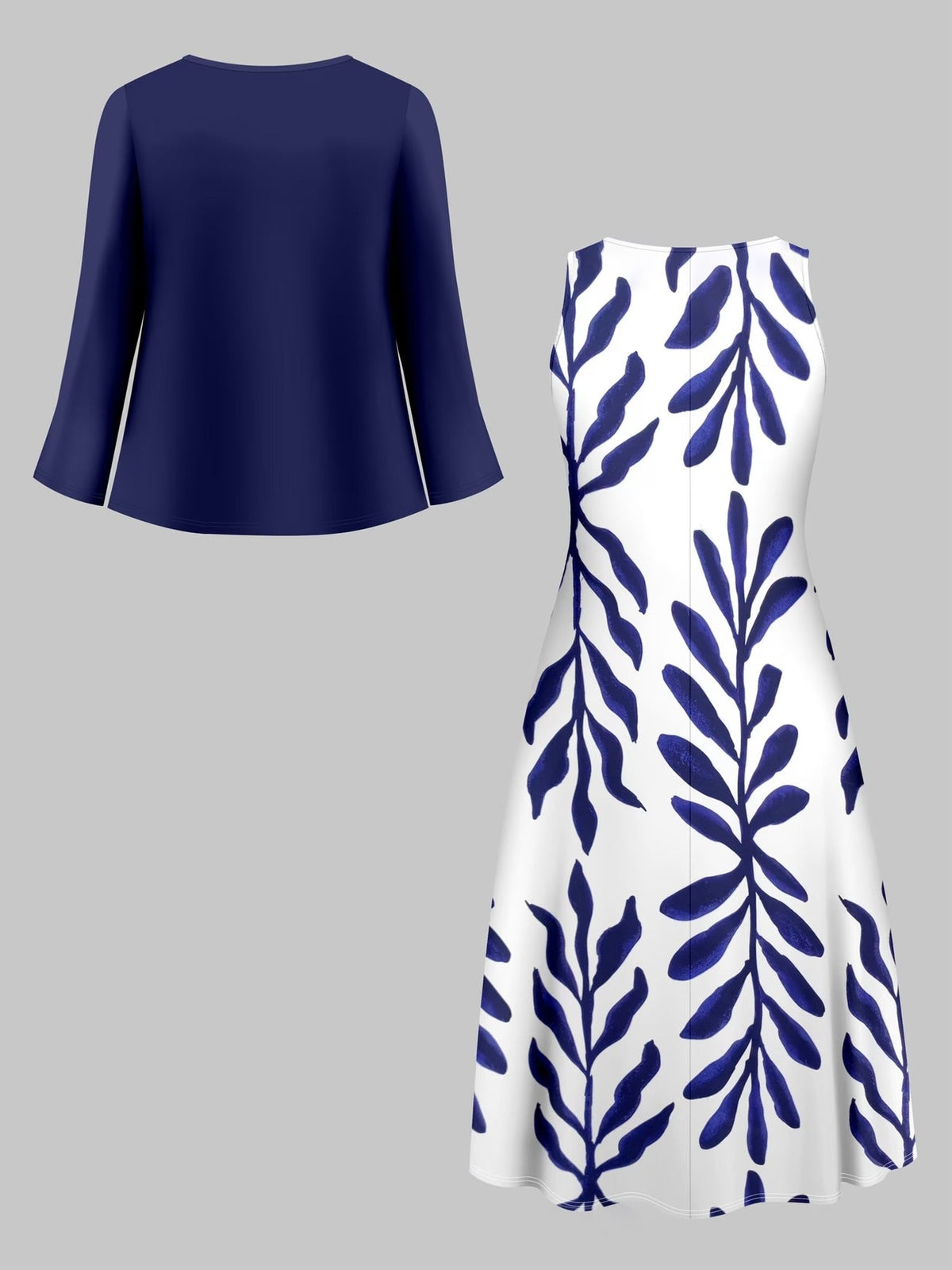 Elegant Solid Color Cardigan with Printed Plant Pattern Skirt Dress – Stylish Two-Piece Women’s Set