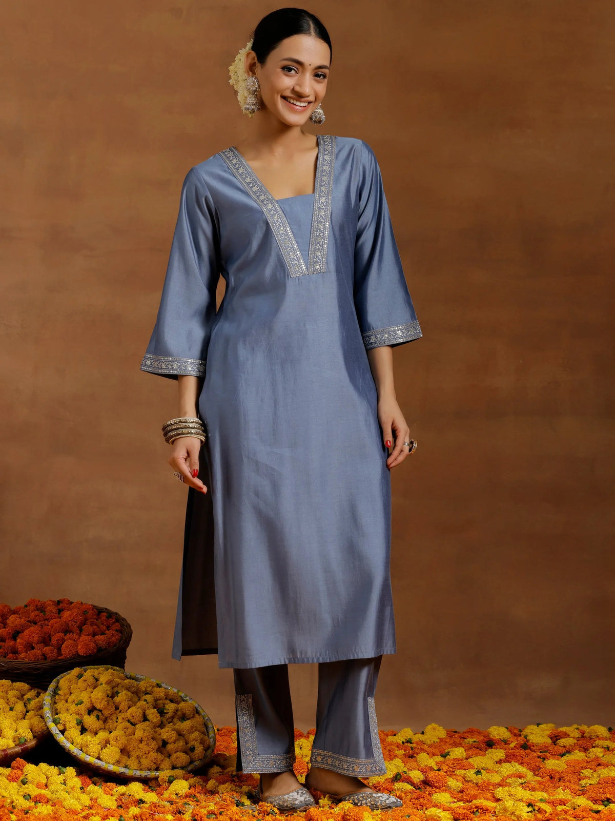Anouk Grey Yoke Design Silk Blend Straight Suit With Dupatta