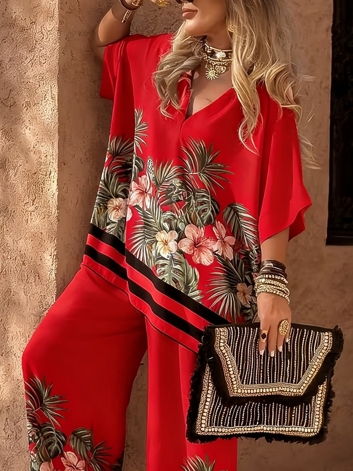 Stylish Oversized Printed Co-Ord Set – Relaxed Shirt & Wide-Leg Pants with Striped Hem for Women