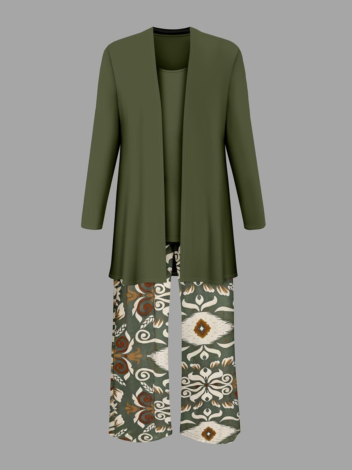 Elegant Solid Color Cardigan Jacket with Inner Vest & Printed Casual Trousers – Stylish 3-Piece Women’s Set