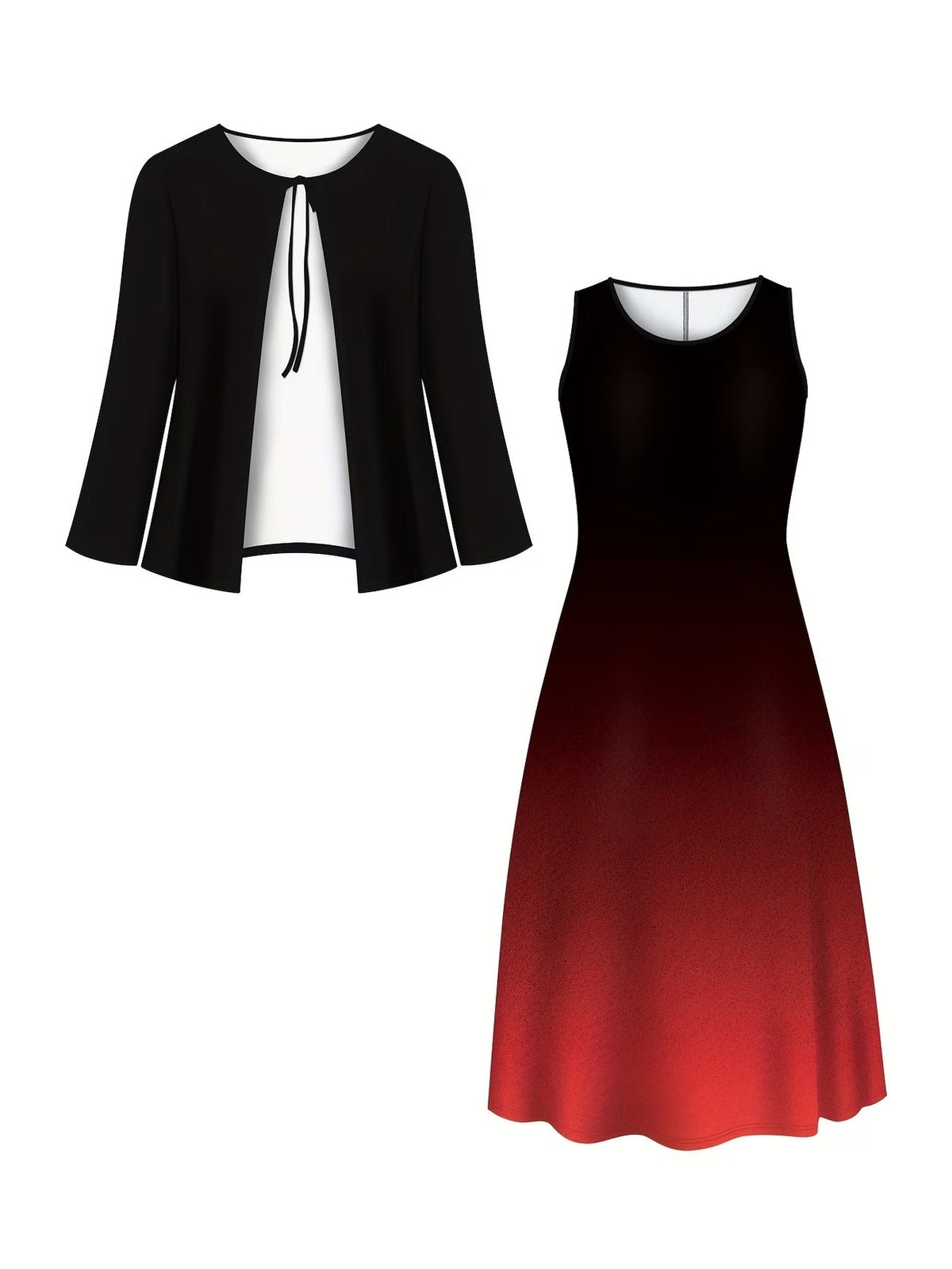 Elegant Layered Two-Piece Midi Dress Set with Tie-Front Cardigan – Flowy Printed Everyday & Occasion Wear