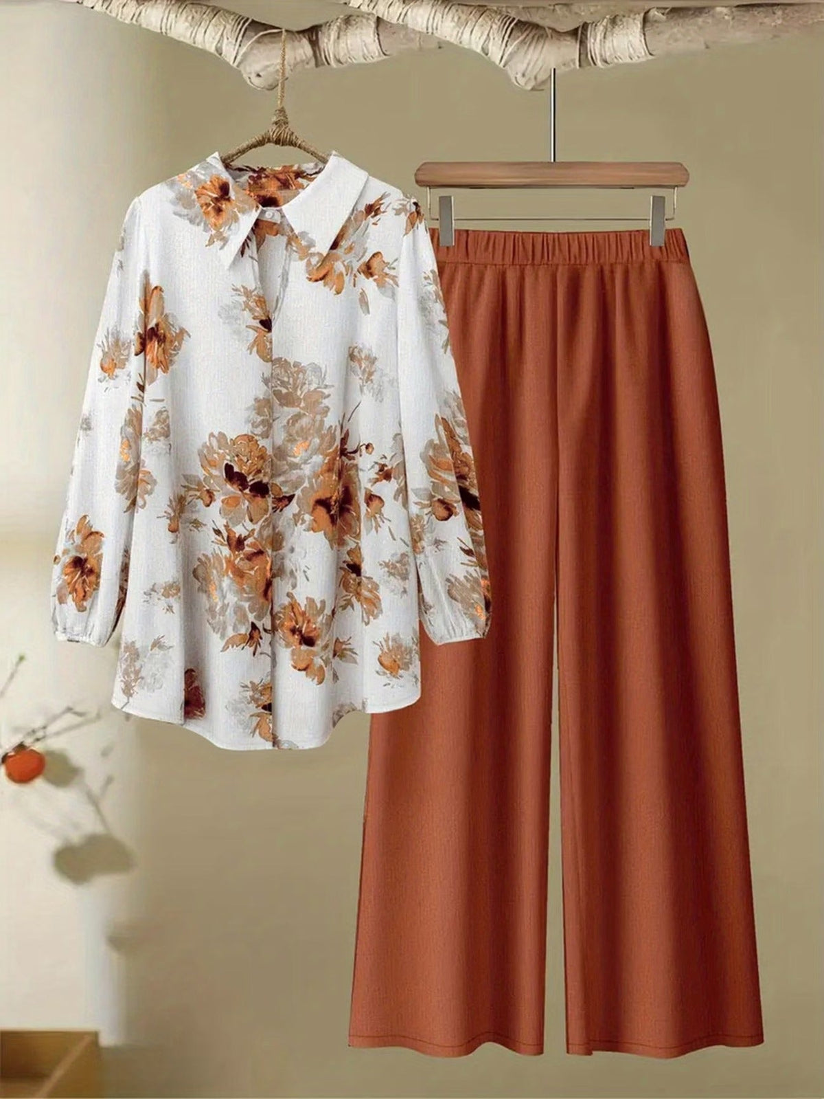 Women’s Floral Long-Sleeve Shirt with Printed Pants – Stylish Two-Piece Everyday Outfit (With Tie & Button Details)