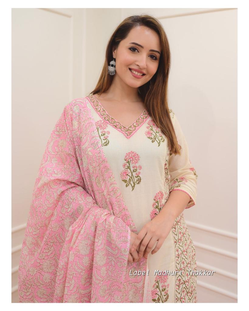 Pink Floral Afghani Suit Set with Motif Decorations - Cotton Fabric - 3 Piece Ensemble