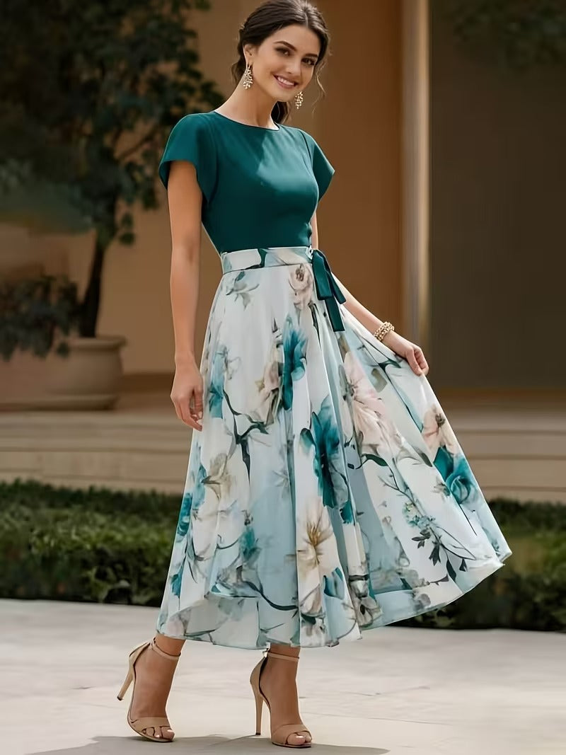 Elegant Floral Color-Block Midi Dress for Women | Tie-Waist Crew Neck Summer Dress
