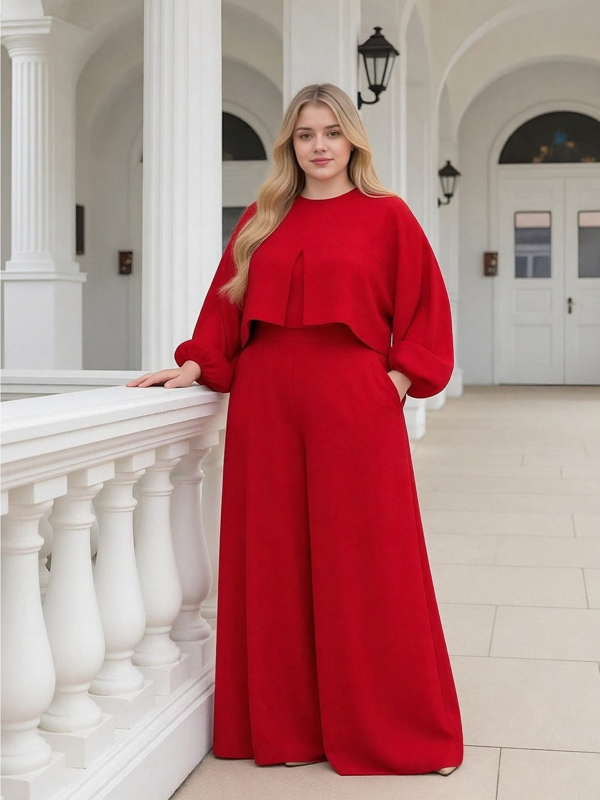 Plus Size Elegant Lantern Sleeve Top & Wide-Leg Pants Set – Chic Two-Piece Suit for Women