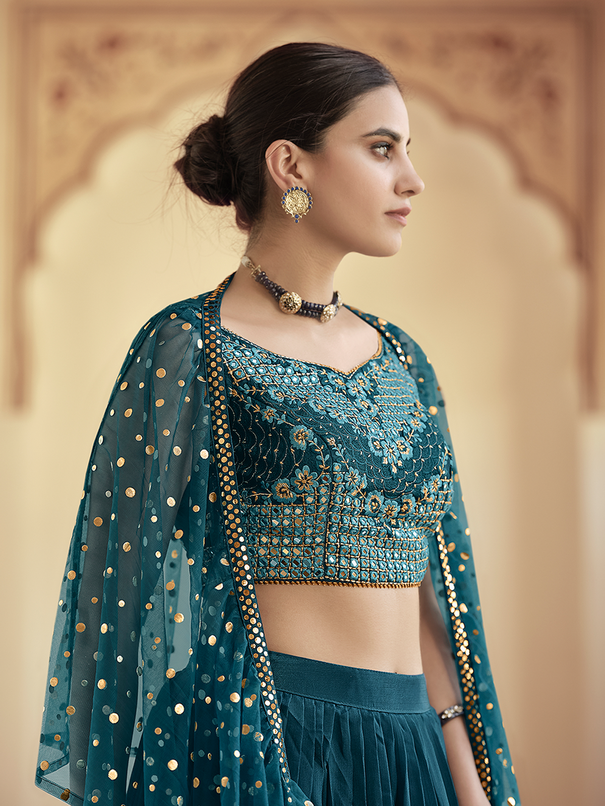 Teal Embroidered Crepe Semi Stitched Lehenga With Unstitched Blouse