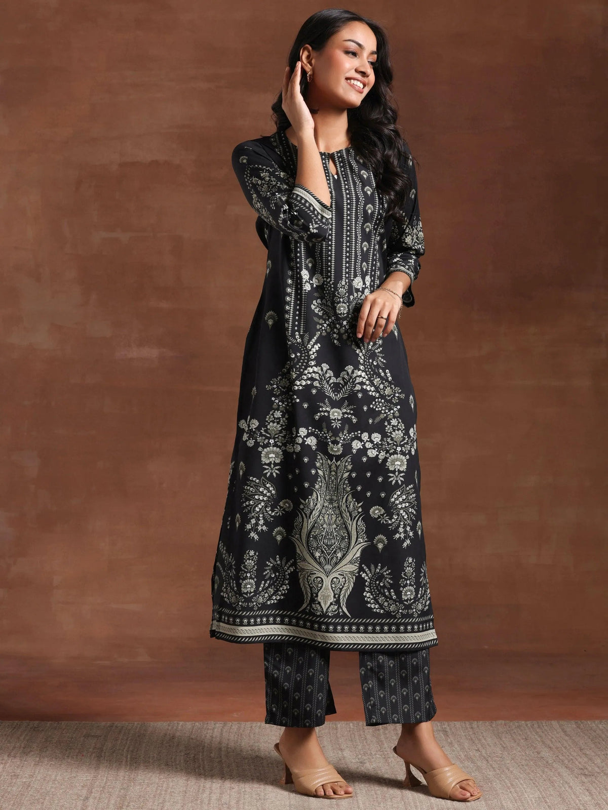 Anouk Black Printed Crepe Straight Kurta Set