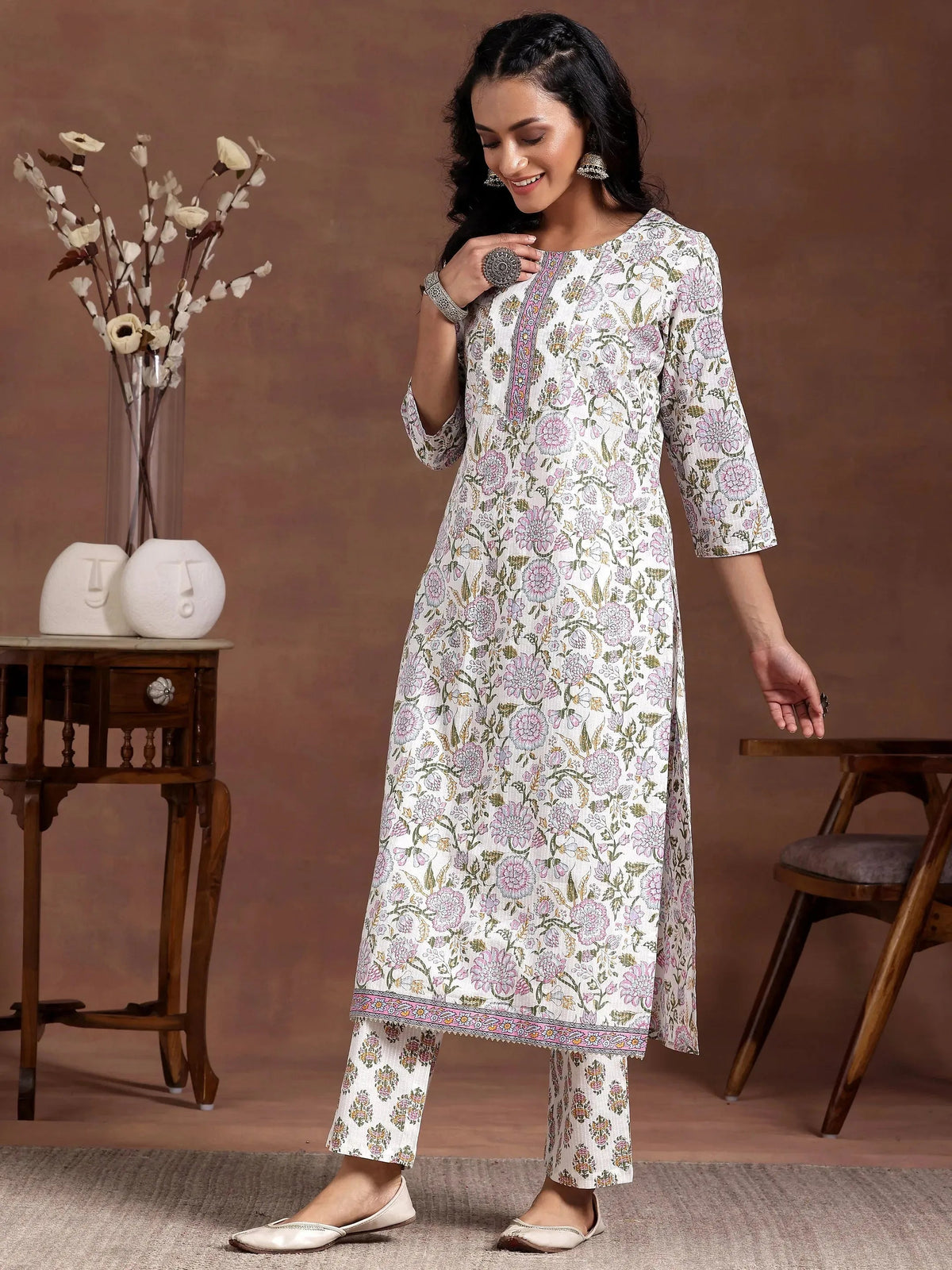 Anouk Off White Printed Cotton Straight Kurta Set