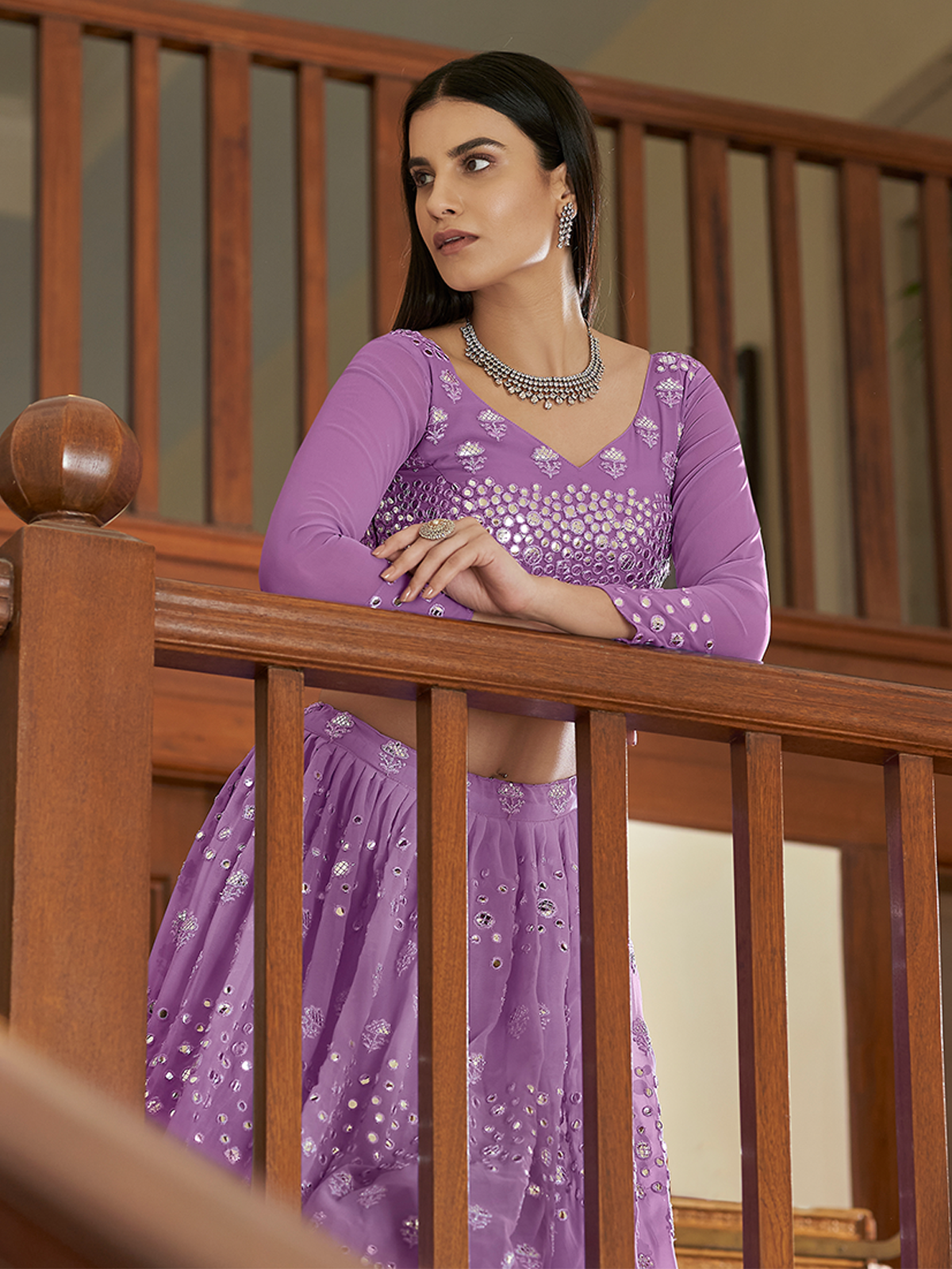 Purple Georgette Semi Stitched Lehenga With Unstitched Blouse