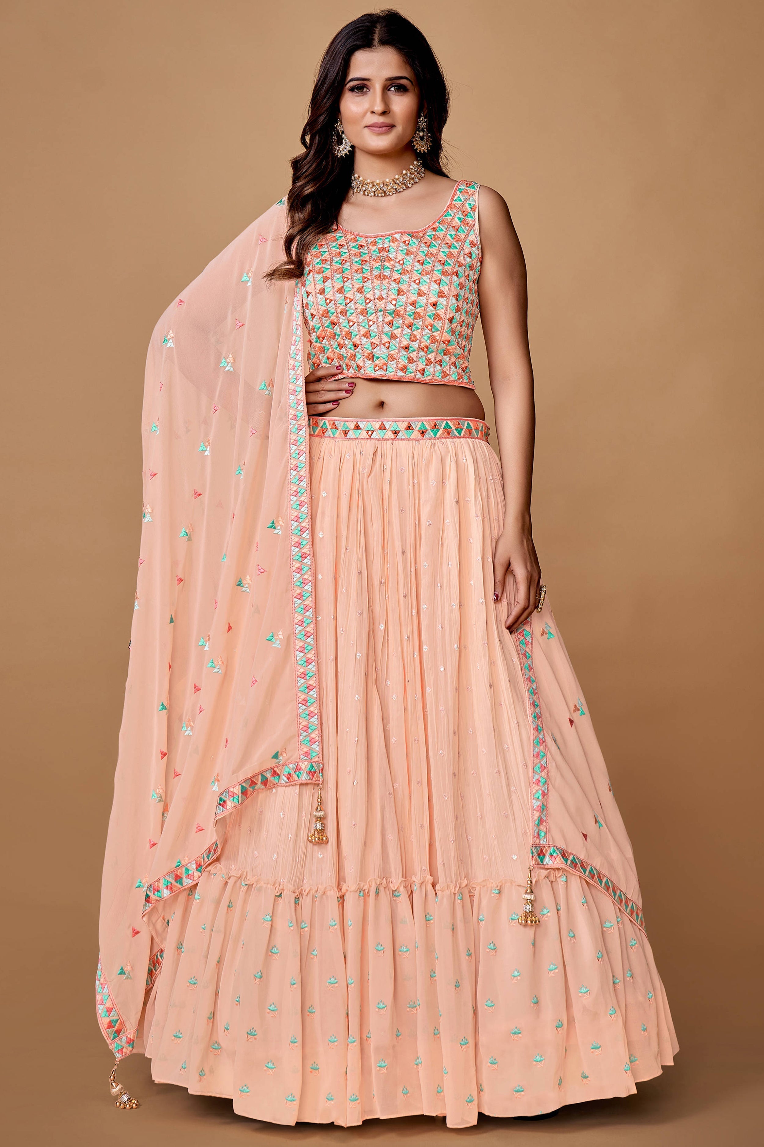 Peach Thread Work Georgette Reception Wear Lehenga Choli