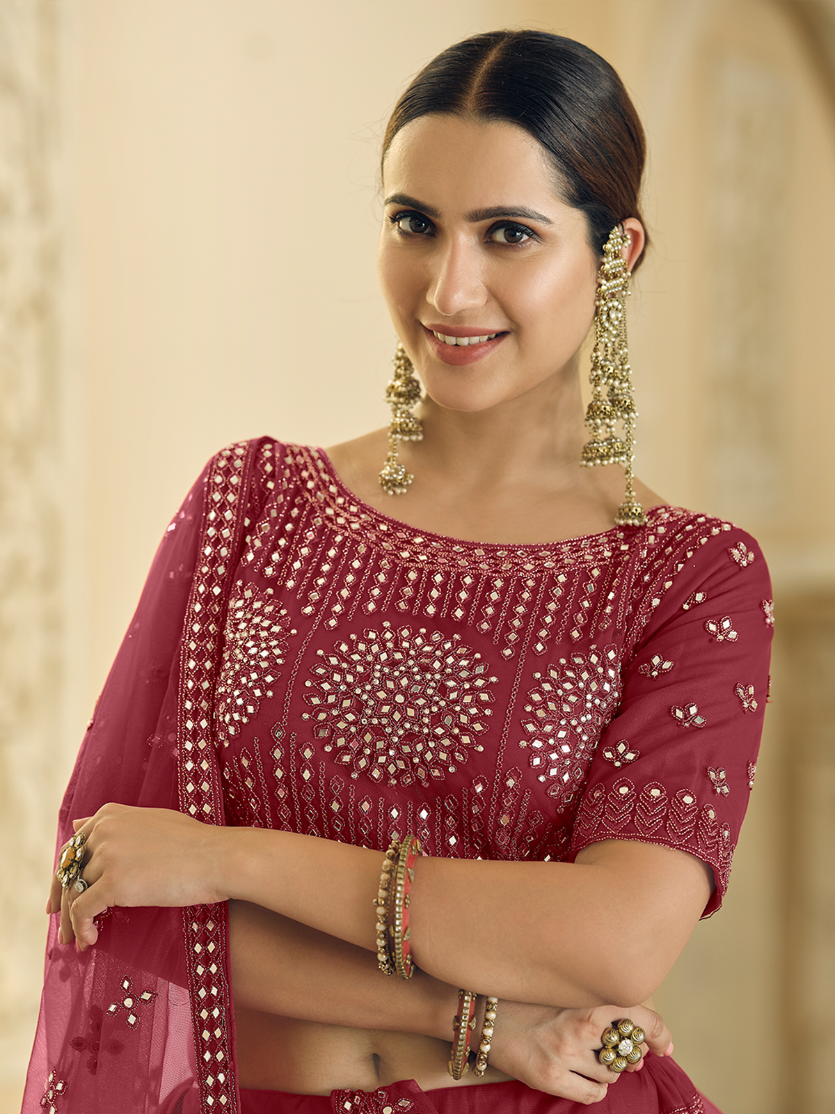 Maroon Soft Net Semi Stitched Lehenga With Unstitched Blouse