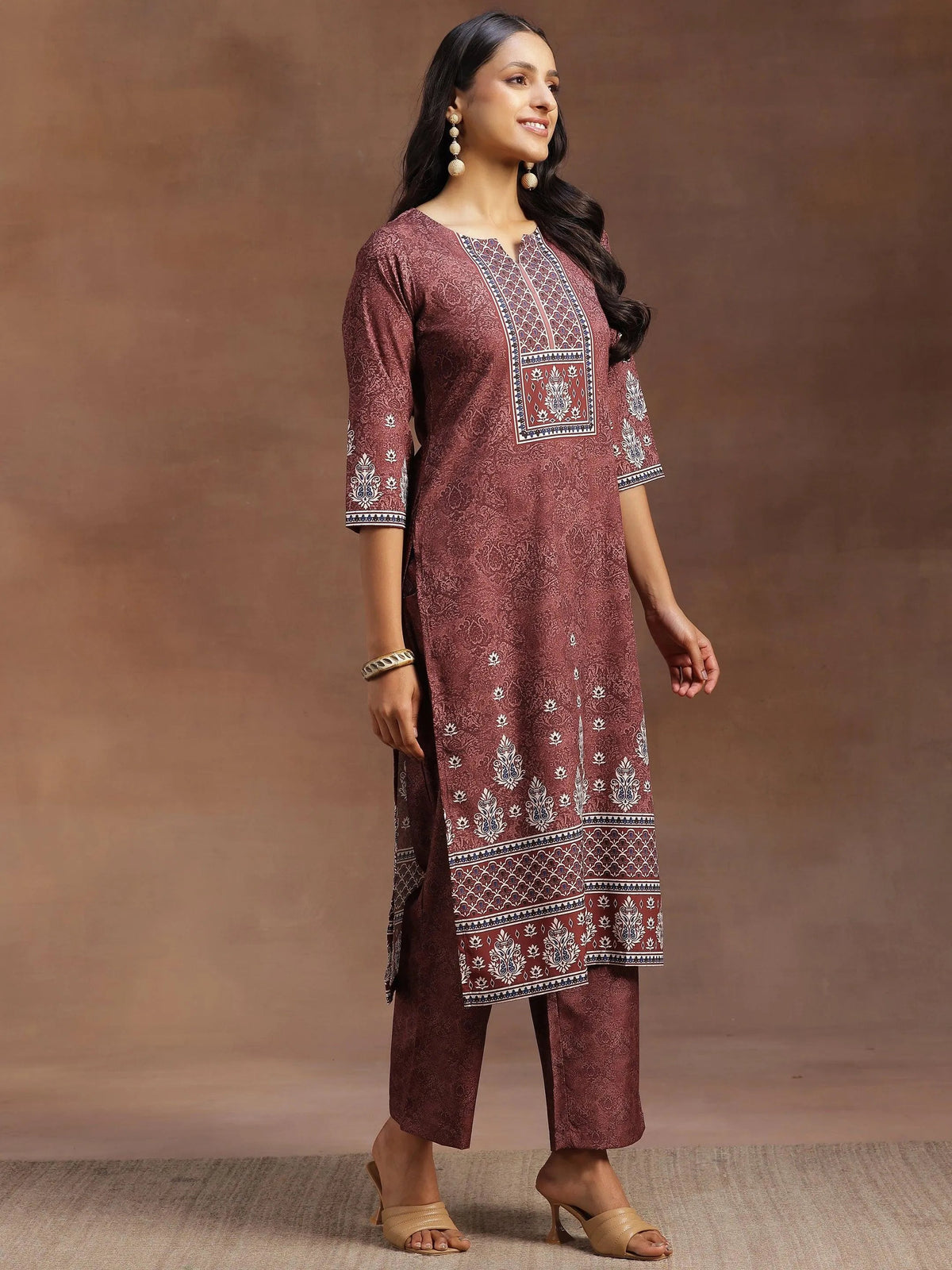 Anouk Brown Printed Poly Crepe Straight Kurta With Trousers
