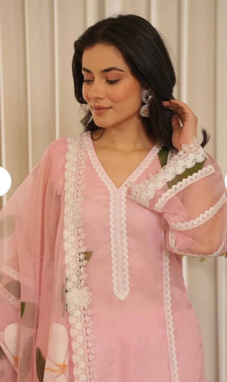 Cotton Kurti Pant Set with Organza Dupatta