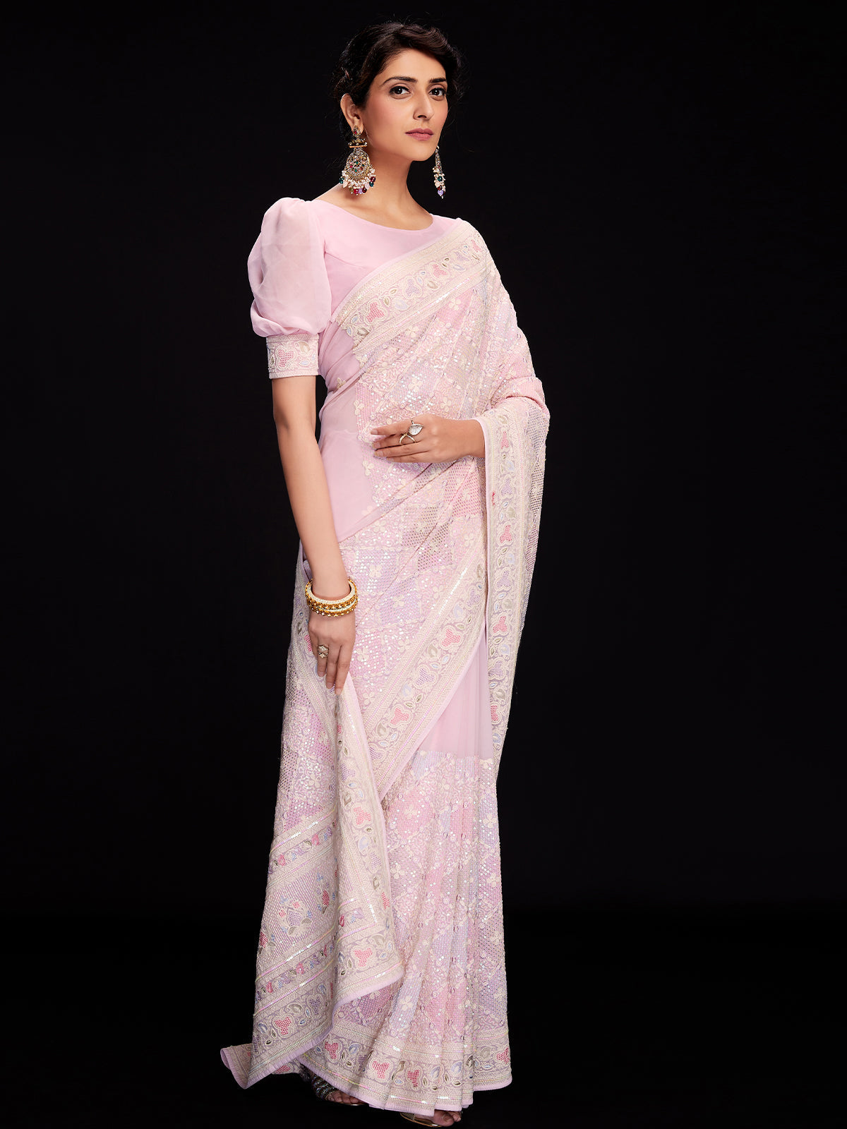 Pink Georgette Embellished Saree With Unstitched Blouse