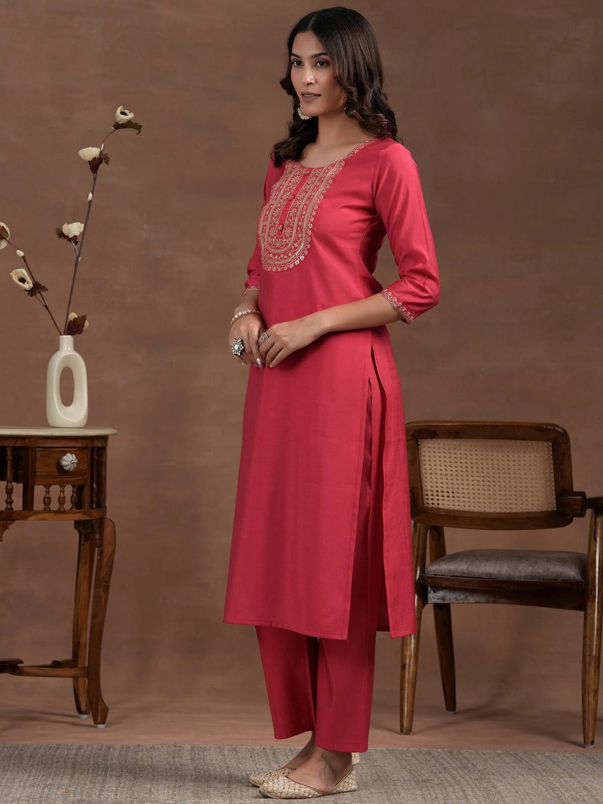 Anouk Pink Yoke Design Silk Blend Straight Suit With Dupatta