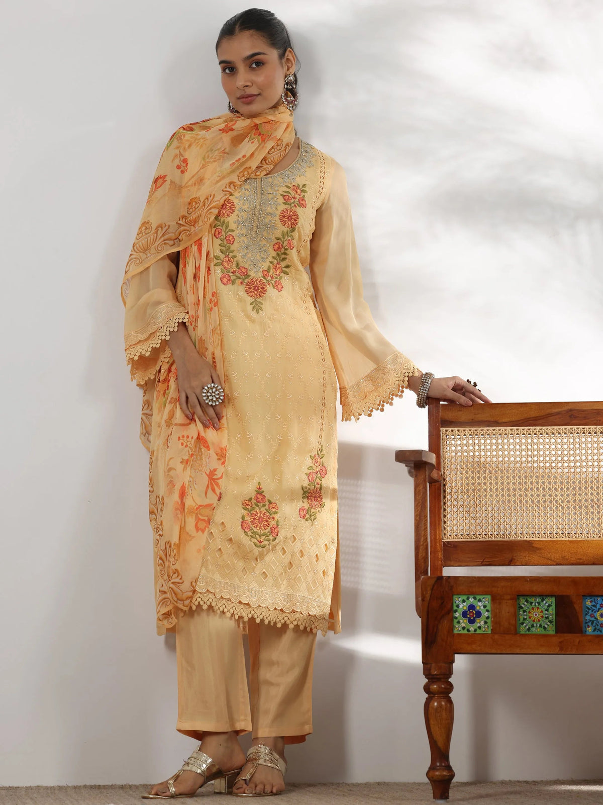Anouk Yellow Embroidered Organza Straight Suit With Dupatta