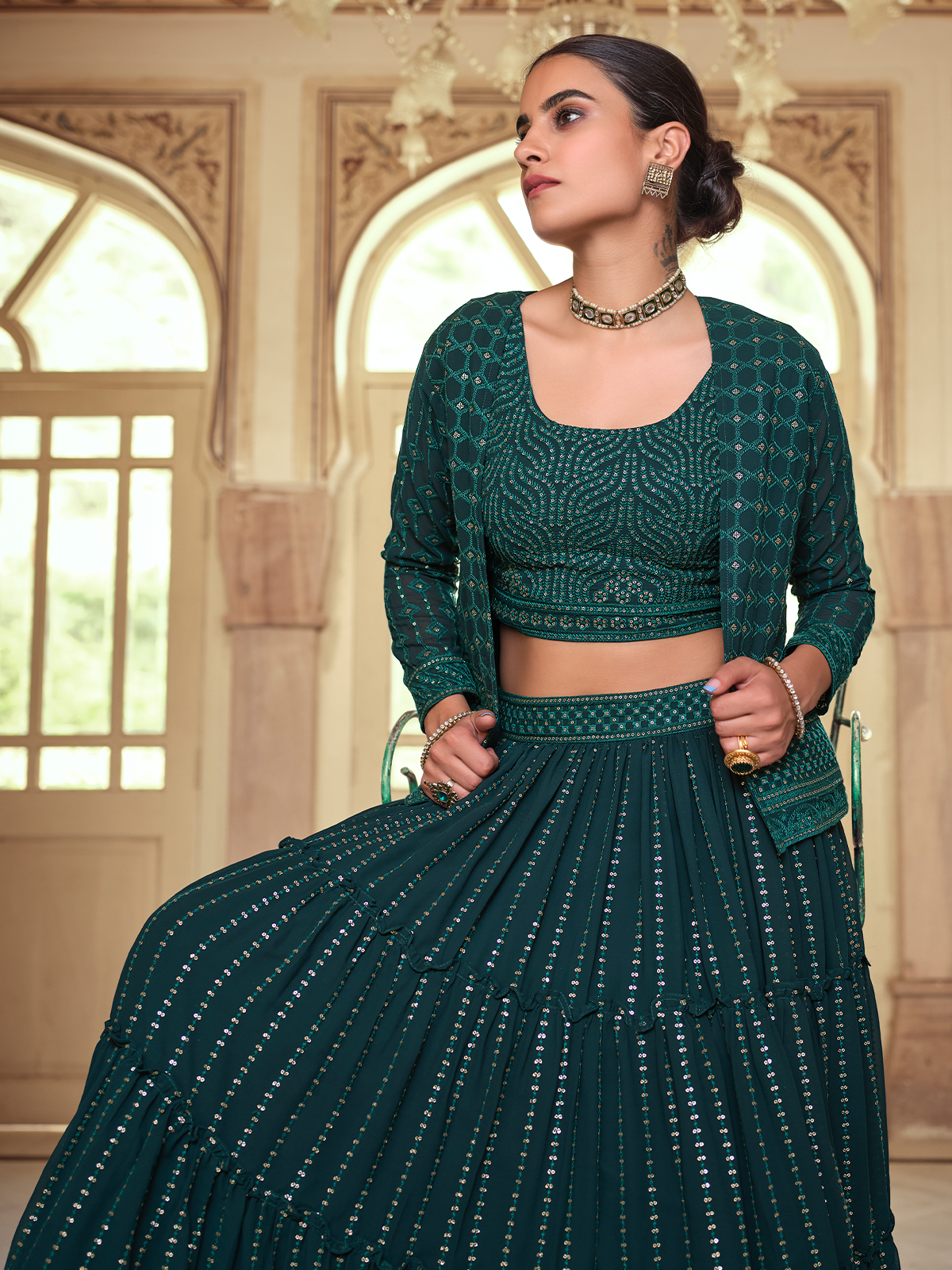 Dark Green Embroidered Georgette Semi Stitched Lehenga With Unstitched Blouse