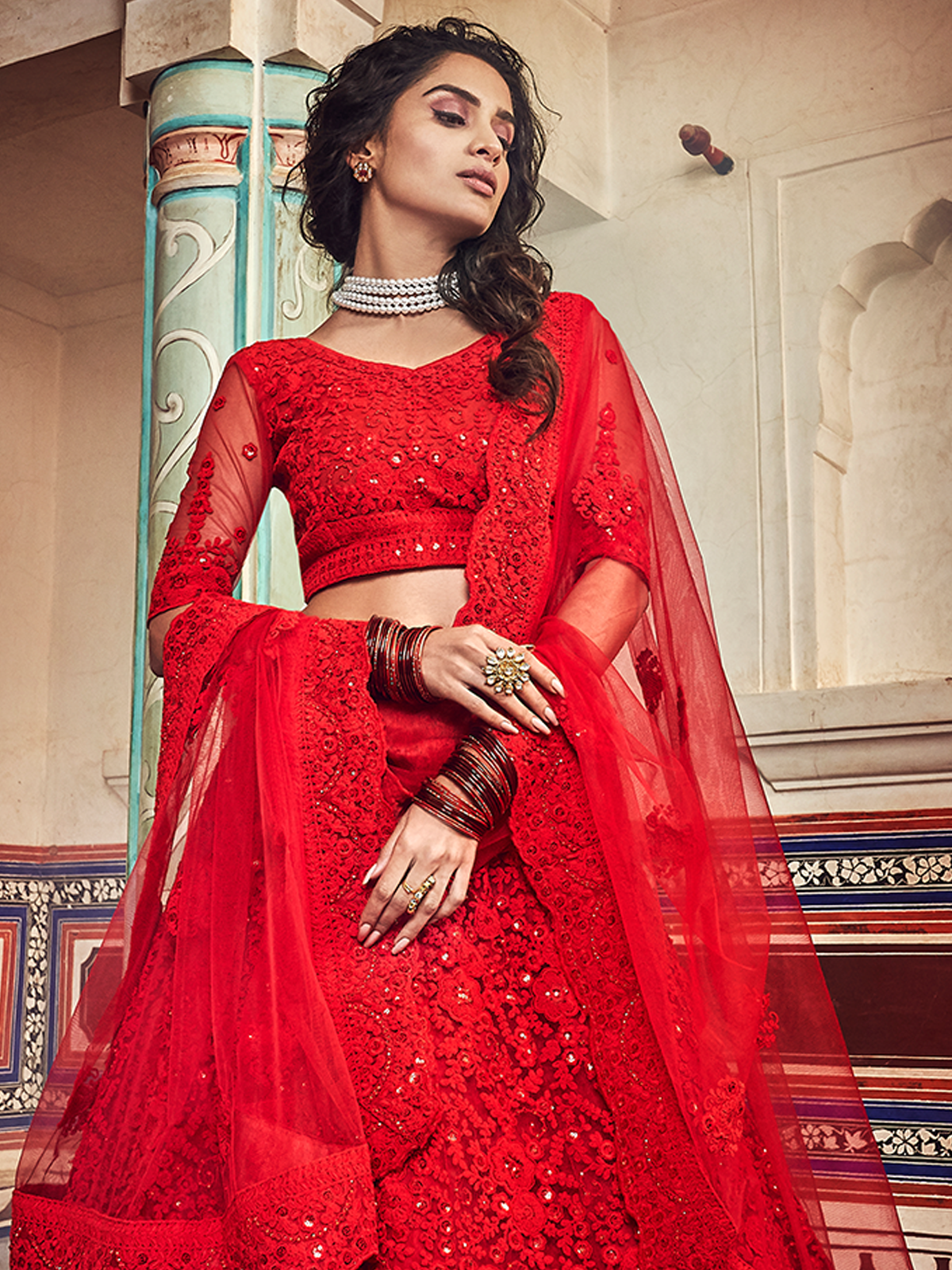 Red Embroidered Soft Net Semi Stitched Lehenga With Unstitched Blouse