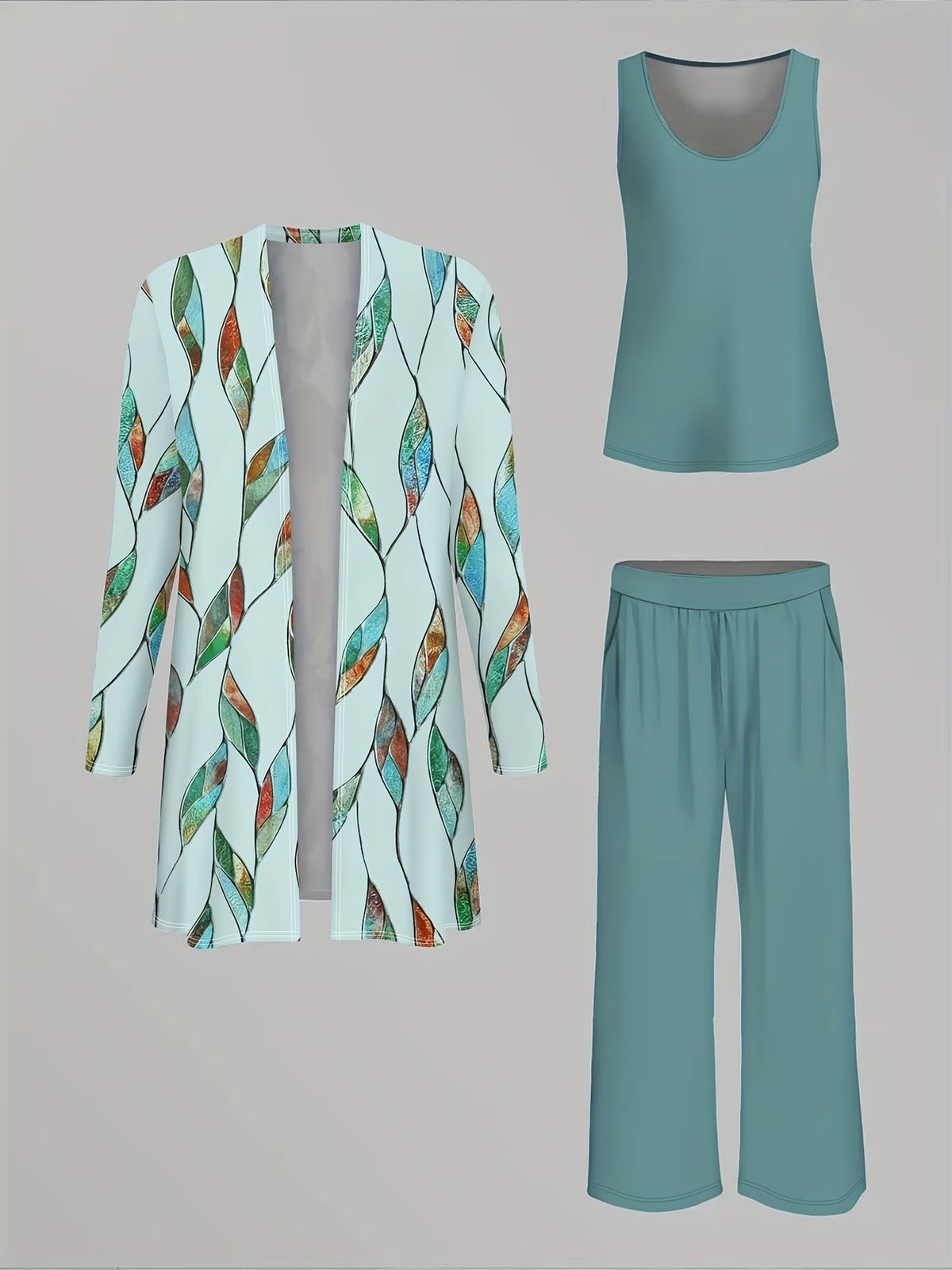 Women’s Stylish 3-Piece Set – Solid Cardigan, Casual Vest & Printed Palazzo Pants