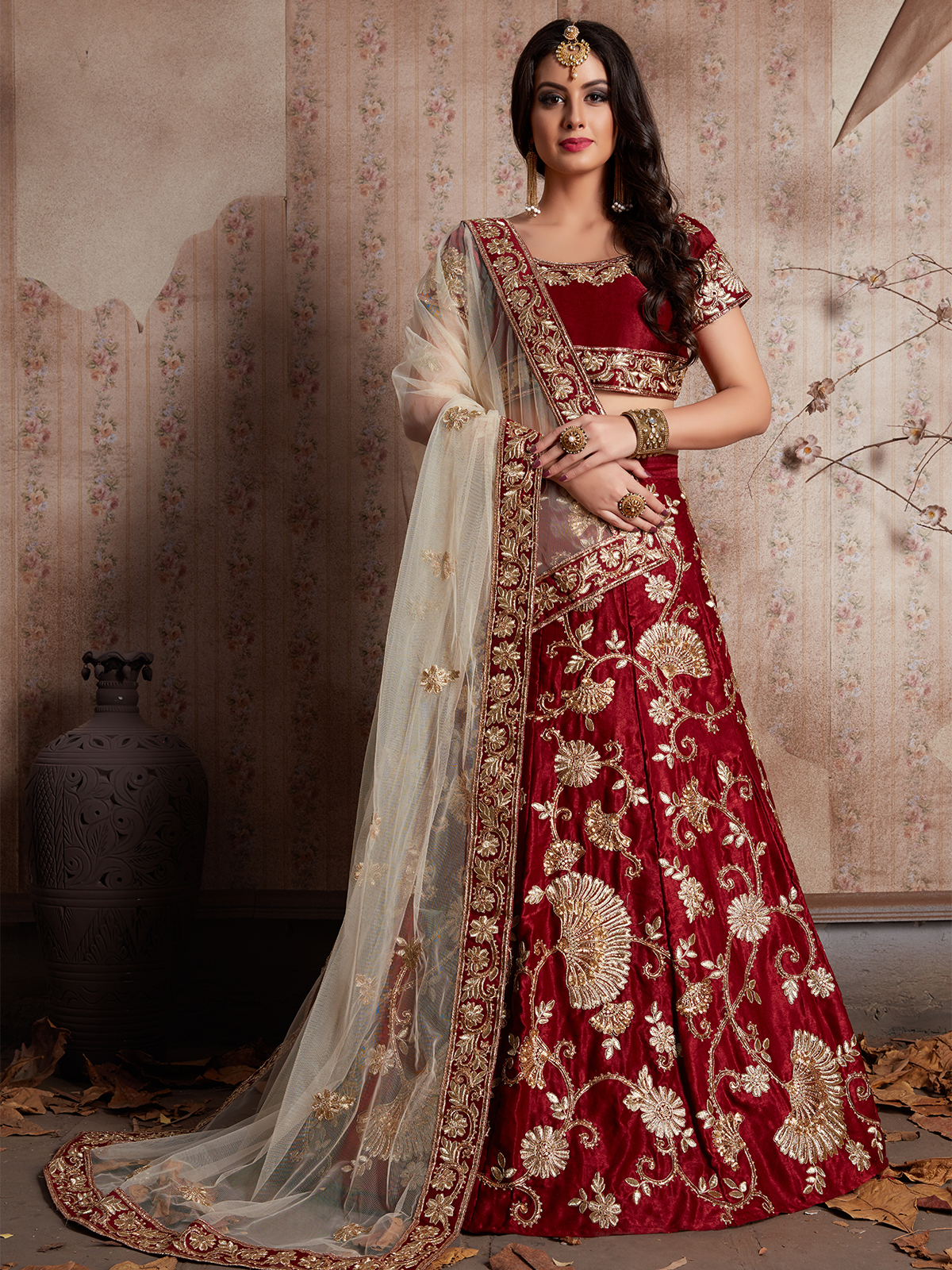 Maroon Embroidered Semi Stitched Lehenga With Unstitched Blouse