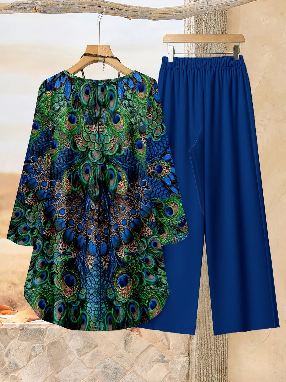 Loose Fit Irregular Print High-Low Hem Top with Solid Pants – Women’s Casual Two-Piece Outfit